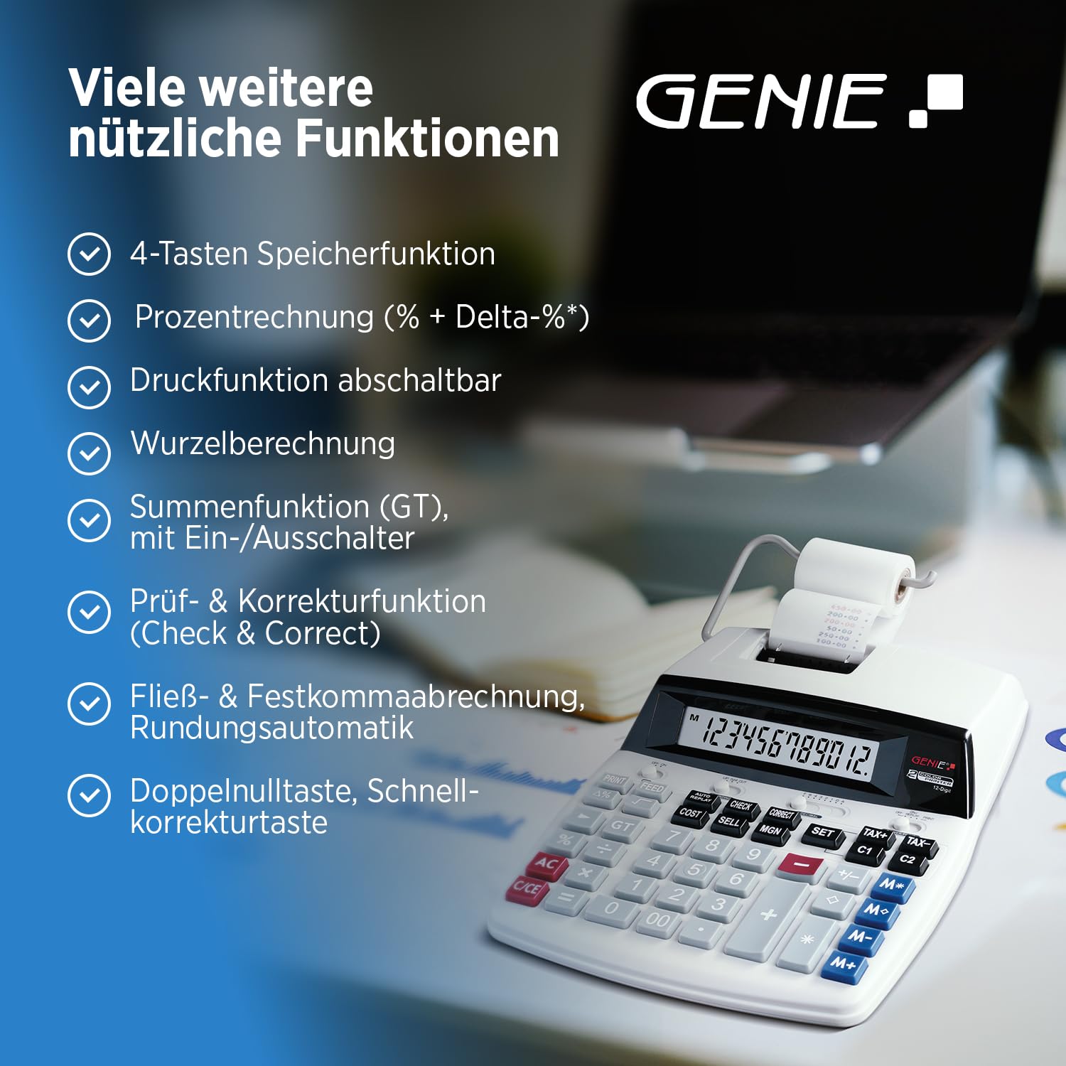 Genie D69 Plus Druckender Tischrechner | 12-stelliges LC-Display | Rechenmaschine mit Papierrolle | Quittung & Bondrucker | Taschenrechner mit Papierrolle | Viele Business-Funktionen | weiß