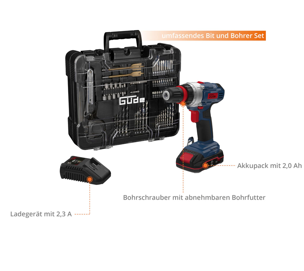 Güde Akku Bohrschrauber BS 18 - Set 126tlg. (18 V, mit Bit-/Bohrer-Set im Koffer, 2-Gang, 19+1 Drehmomentstufen, max. 30 Nm, 10 mm Schnellspannbohrfutter, LED-Licht, inkl. Akku & Schnellladegerät)