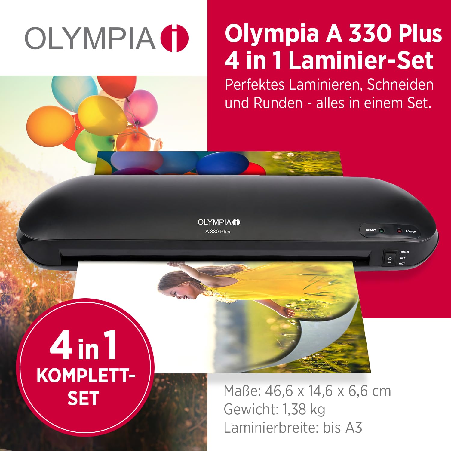 Olympia A 330 Plus Laminiergerät | Heiß- und Kaltlaminieren | Laminiergerät bis A3 | Blasenbildungsschutz | Laminiermaschine | Ideal für Büro, Schule & Homeoffice | Laminator inkl. Laminierfolien