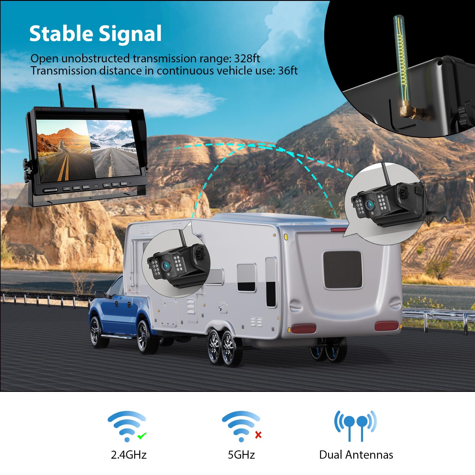 2 Magnetische Rückfahrkamera Kabellos, 10 Zoll 1080P FHD Monitor, 9600mAh Wiederaufladbare Akku, 1-Min Einrichtung, IP69K Wasserdicht Rückfahrkameras für Wohnmobile,Anhänger und LKWs