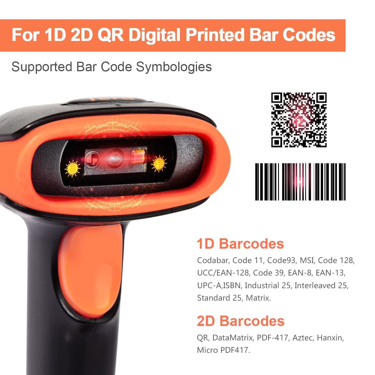 Tera Barcode-Scanner 1D 2D QR 3 in 1 Wireless 2.4 GHz/Bluetooth/USB Wired Barcode-Lesegerät mit Ständer/Halterung, HW0001