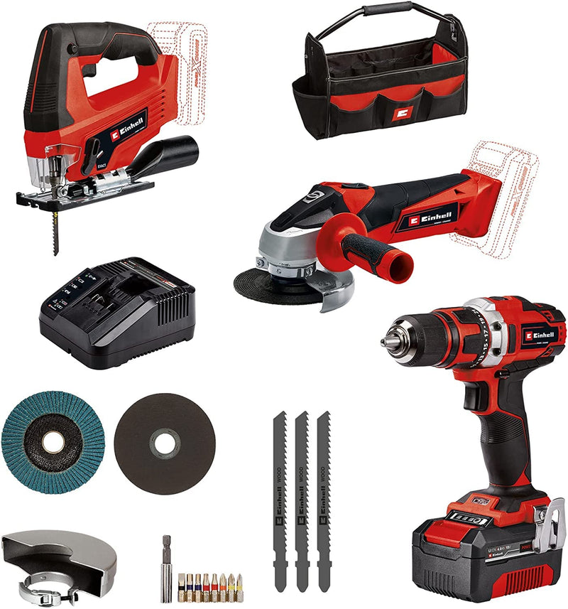 EinhellAkku-Bohrschrauber TE-CD 18/40 + Akkus: Winkelschleifer TC-AG 18/115 Li + Stichsäge TC-JS 18 Li Power X-Change (18 V, inkl. 1x 4,0 Ah Akku, Ladegerät, Zubehör, Tasche)