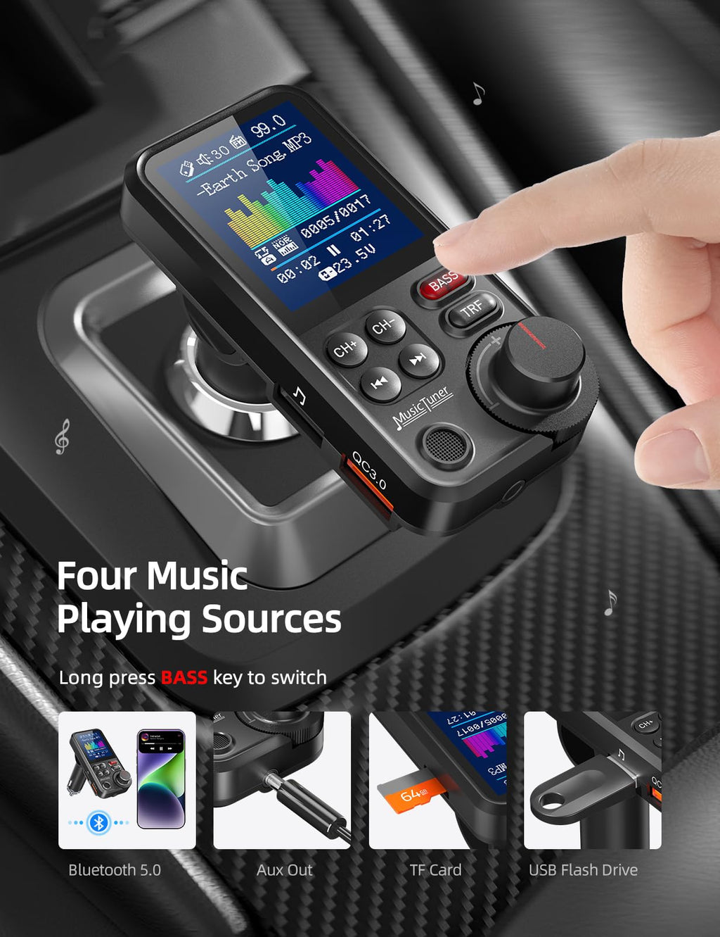 Nulaxy Bluetooth Adapter Auto, Starkes Mikrofon FM Transmitter Auto Bluetooth mit 1,8-Zoll-Farbbildschirm für Freisprechanrufe, unterstützt QC3.0-Lade-, Höhen- und Bassmusik-Player - KM30