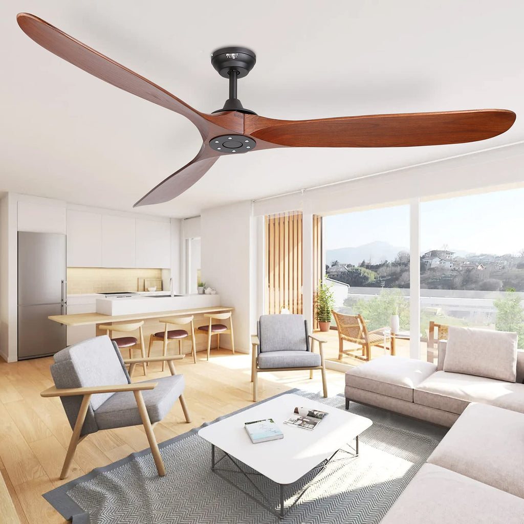 reiga 178 cm Holz Deckenventilator mit Fernbedienung, 6 Geschwindigkeiten, Leise DC Motor, 3 Holz Flügeln, Sommer Winterbetrieb für Schlafzimmer, Wohnzimmer, Terrasse