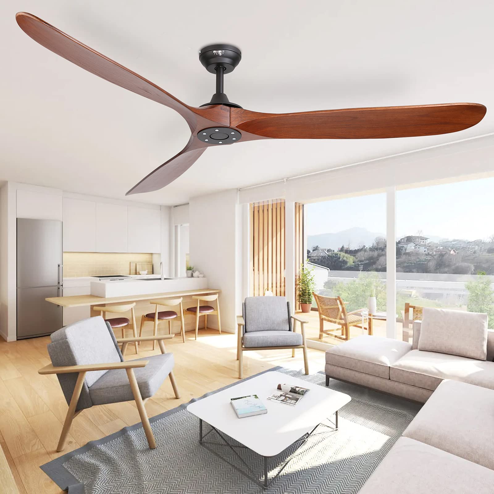 reiga 178 cm Holz Deckenventilator mit Fernbedienung, 6 Geschwindigkeiten, Leise DC Motor, 3 Holz Flügeln, Sommer Winterbetrieb für Schlafzimmer, Wohnzimmer, Terrasse