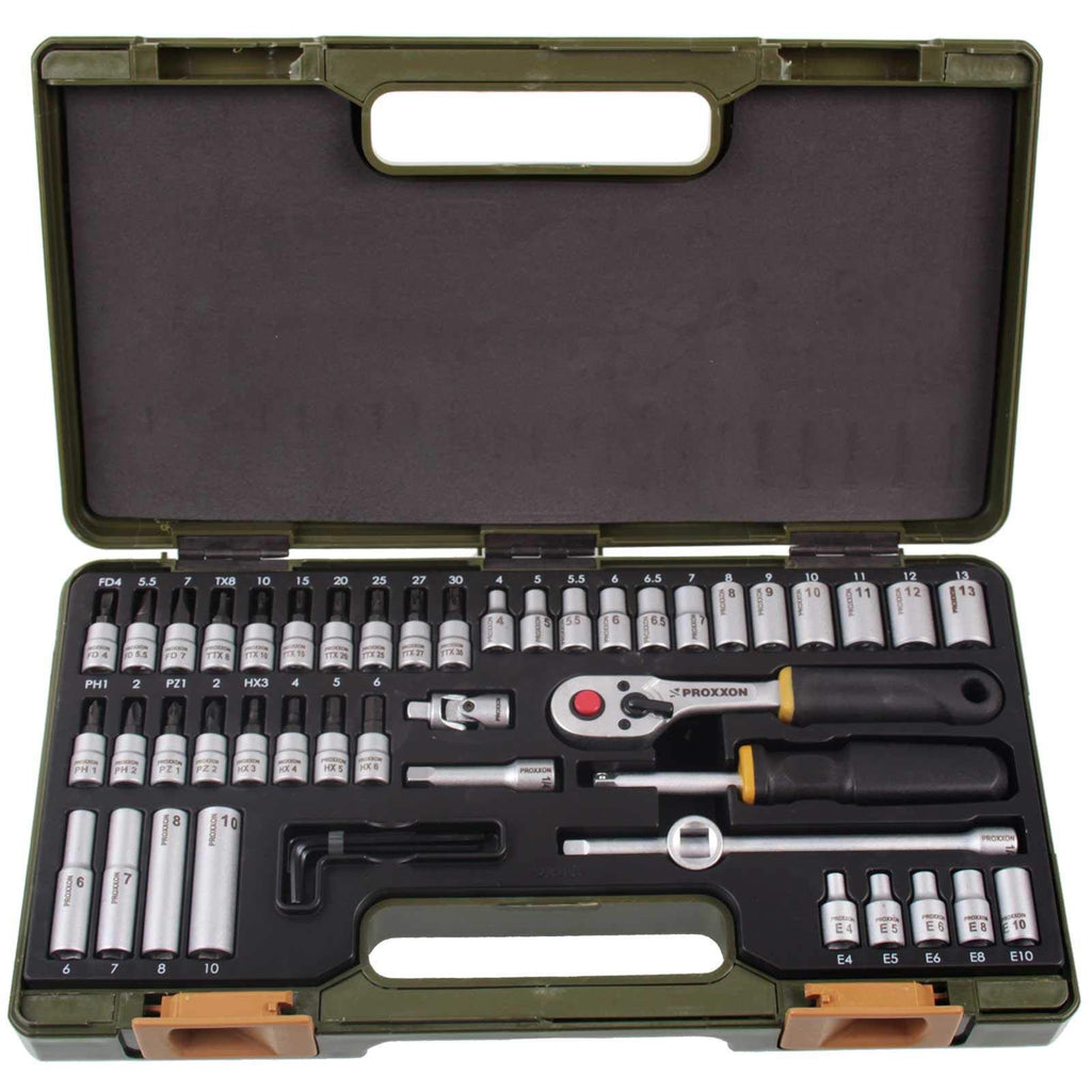 PROXXON Steckschlüsselsatz, Feinmechaniker-Satz mit 1/4"-Umschaltratsche sowie Schraubendrehergriff, 50-teiliges Werkzeug-Set mit Kunststoffkoffer, 23280