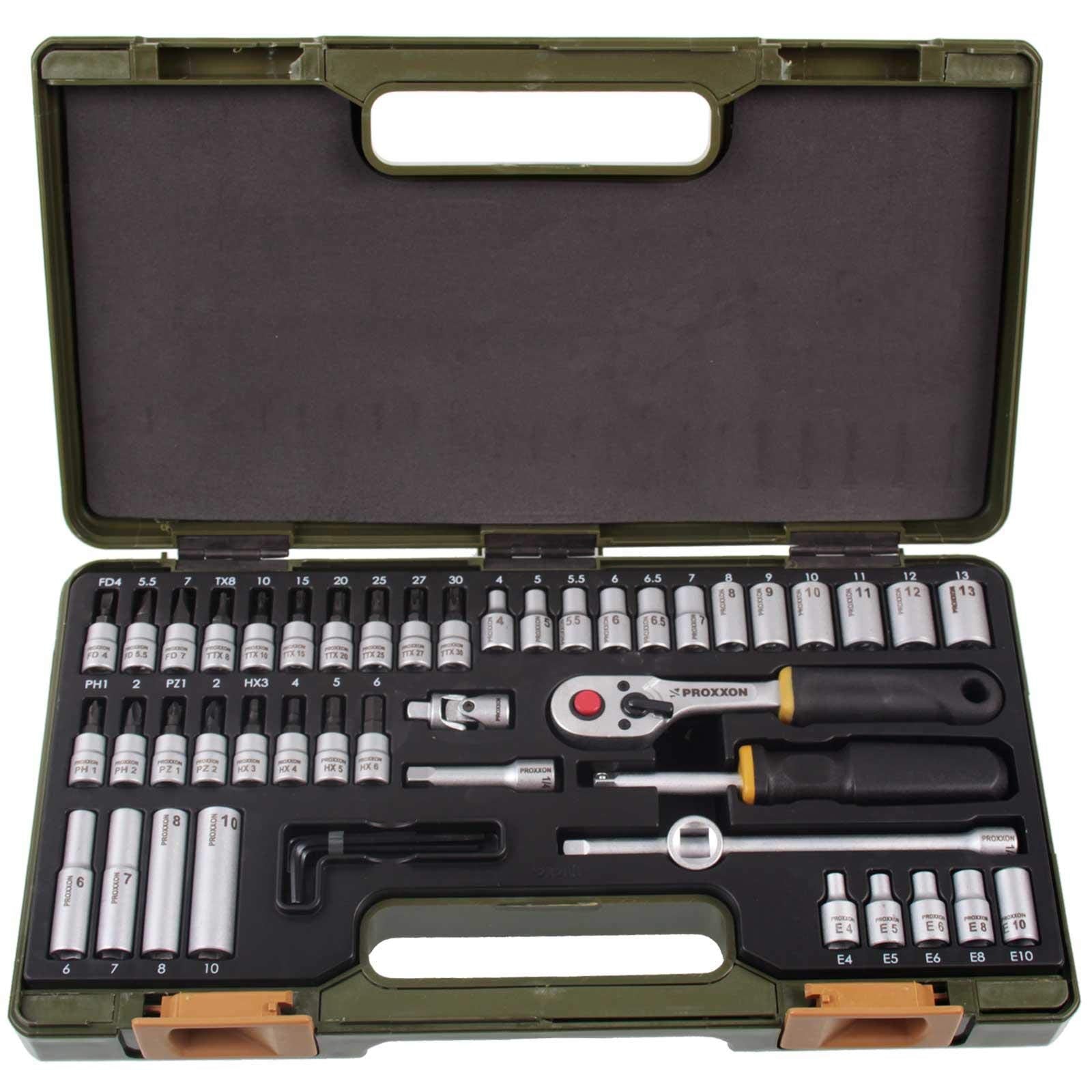PROXXON Steckschlüsselsatz, Feinmechaniker-Satz mit 1/4"-Umschaltratsche sowie Schraubendrehergriff, 50-teiliges Werkzeug-Set mit Kunststoffkoffer, 23280