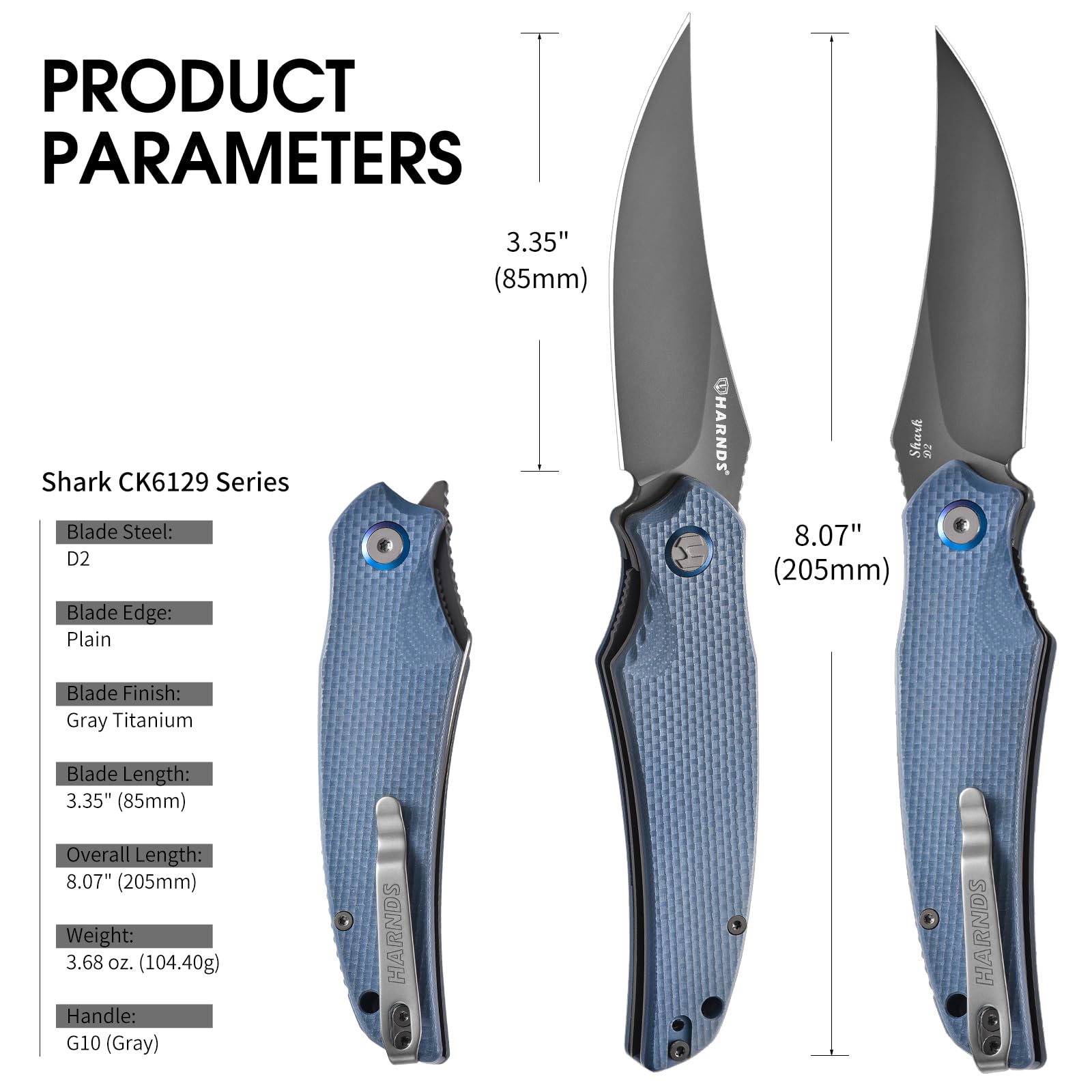 Harnds Taschenmesser Klappmesser Front Flipper mit D2 Stahlklinge und G10 Griff, Premium EDC Messer mit Taschenclip für Outdoor Angeln Überleben (Grau-Grau Titan)