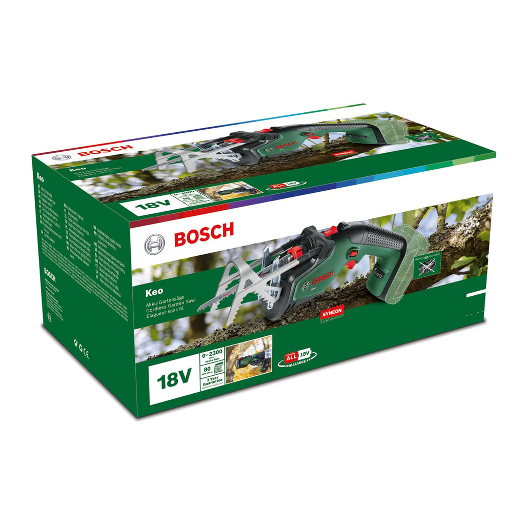 Bosch Akku-Gartensäge/Säbelsäge/Reciprosäge (ohne Akku, 18-Volt-System, Schneidekapazität 80 mm, mit Schweizer Präzisionssägeblatt für Holz, im Karton)