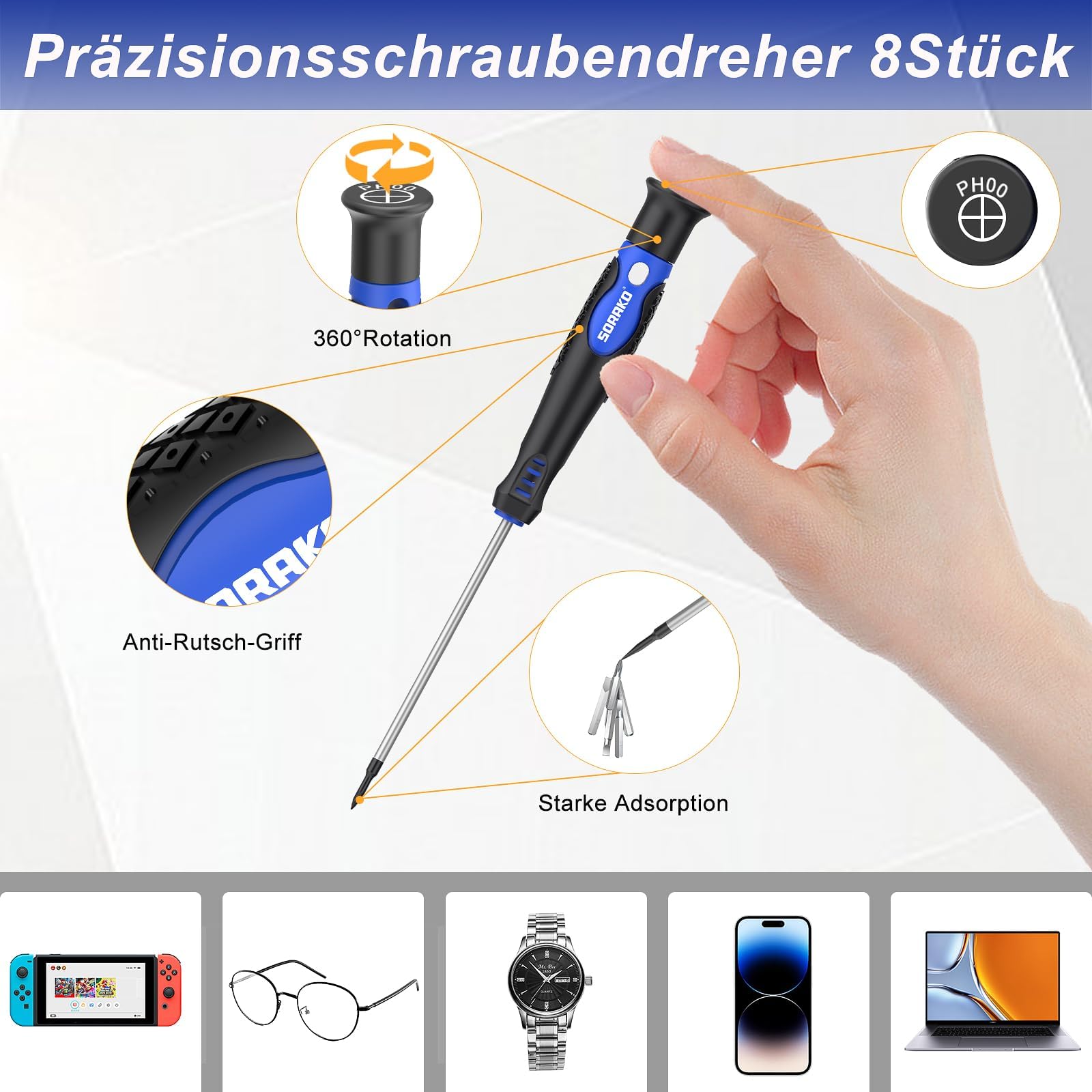 SORAKO 118tlg Schraubendreher Set magnetisch, inkl. Ratschenschraubendreher, Bits, Präzisionsschraubendreher, isolierte Schraubendreher, Spannungsprüfer, für die Wartung zu Hause und im Büro