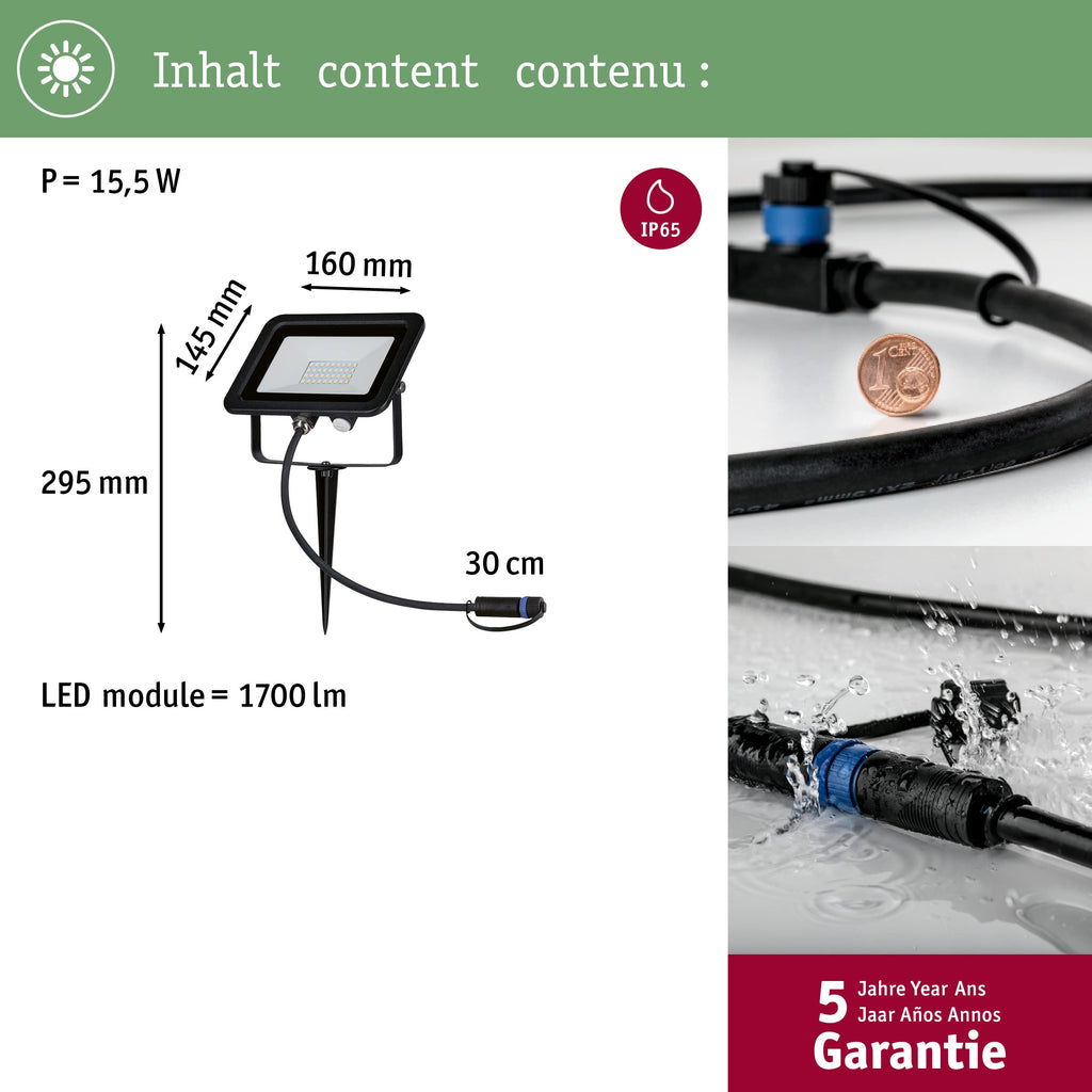 Paulmann 94575 Plug & Shine LED Außenleuchte Gartenstrahler Fluter IP65 Warmweiß incl. 1x15,5 Watt Schwarz Aluminium Spot 3000 K
