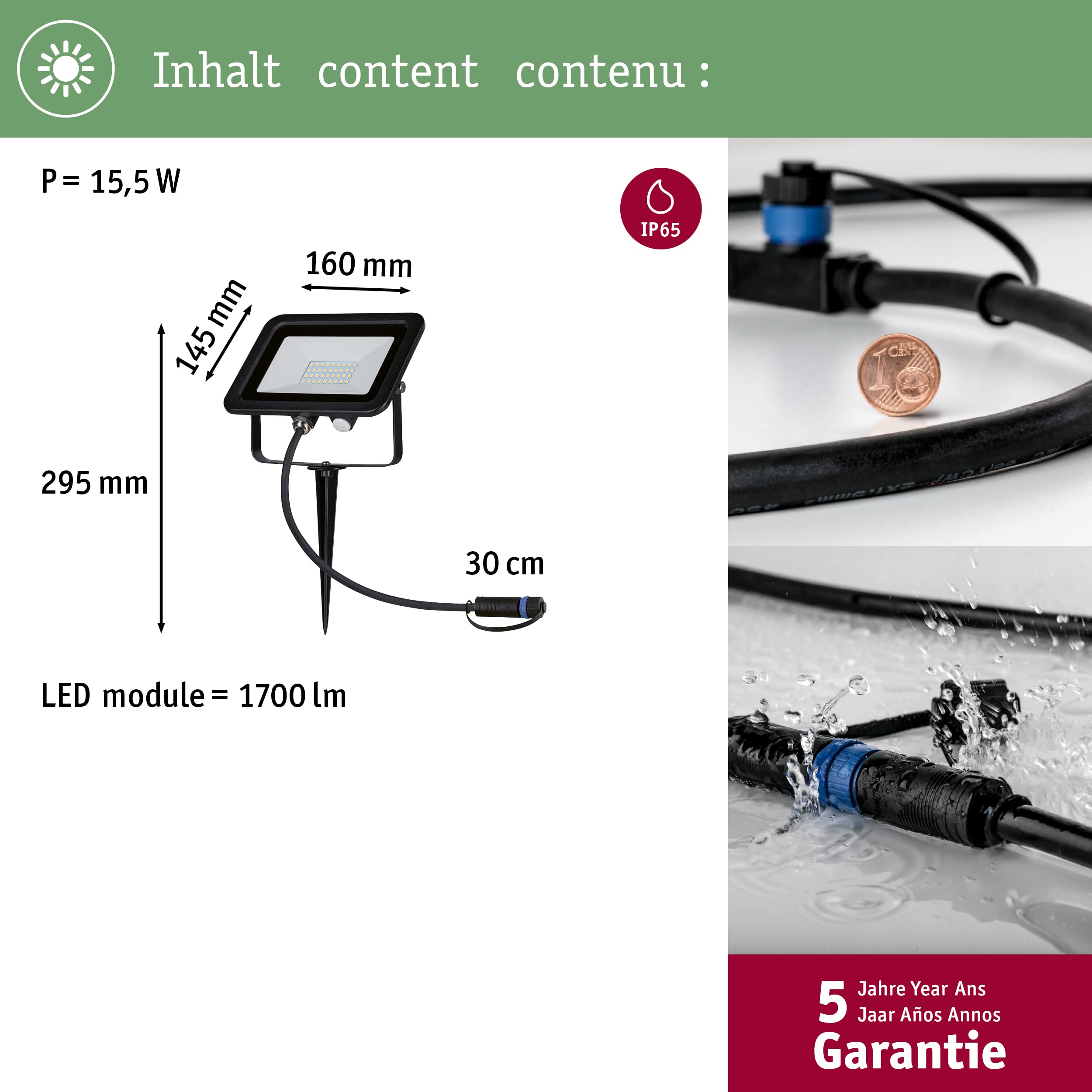 Paulmann 94575 Plug & Shine LED Außenleuchte Gartenstrahler Fluter IP65 Warmweiß incl. 1x15,5 Watt Schwarz Aluminium Spot 3000 K