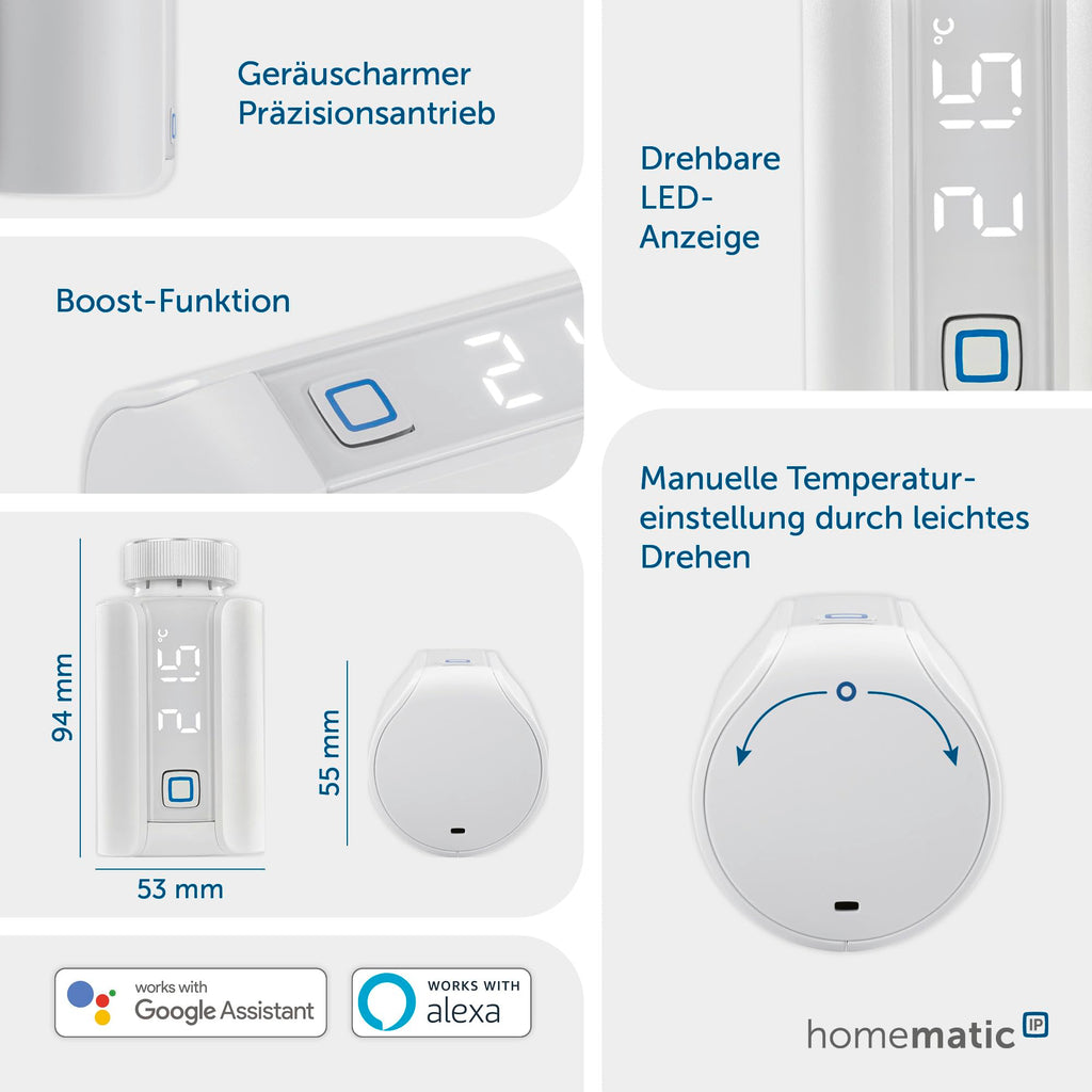 Homematic IP Smart Home Heizkörperthermostat – Evo, digitaler Thermostat Heizung, Heizungsthermostat, Steuerung per App, Alexa & Google Assistant, einfache Installation, Energie sparen, 155105A0