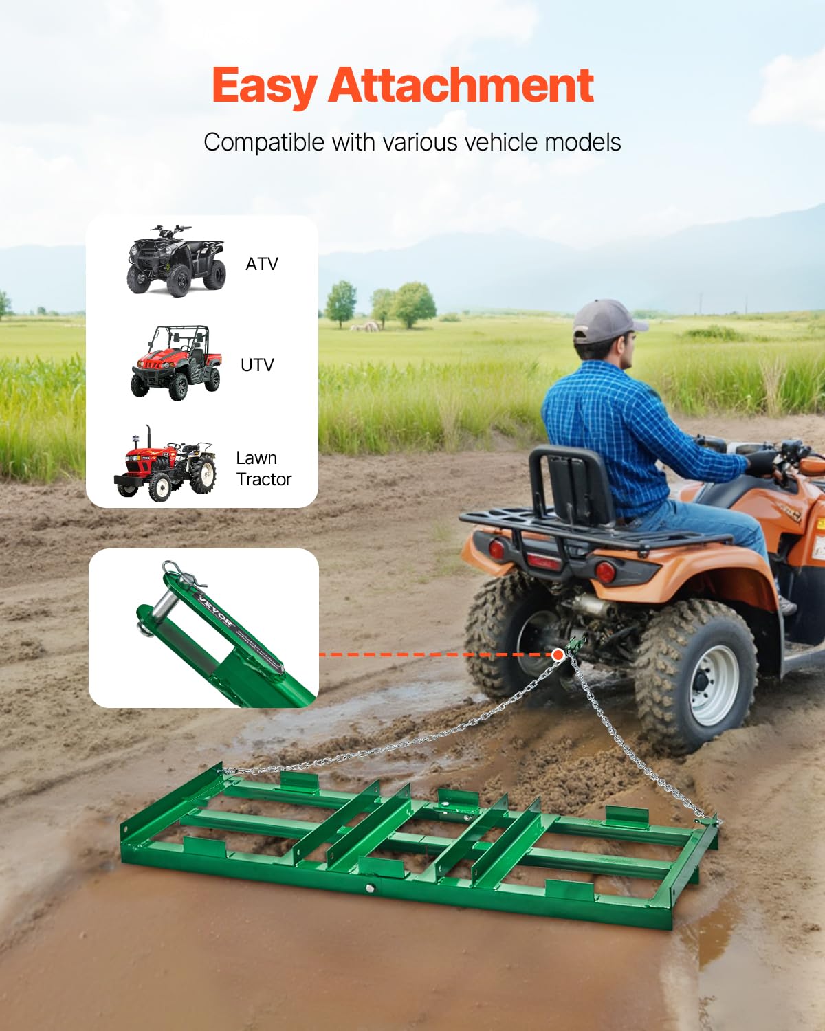 VEVOR Schleppegge, 1220x500x100 mm, Wiesenschleppe mit verstellbaren Stangen & 1830 mm Kette, Wiesenegge für Geländefahrzeuge, UTVs, Traktoren, Rasenmäher, Schleppwerkzeug zum Nivellieren des Rasens
