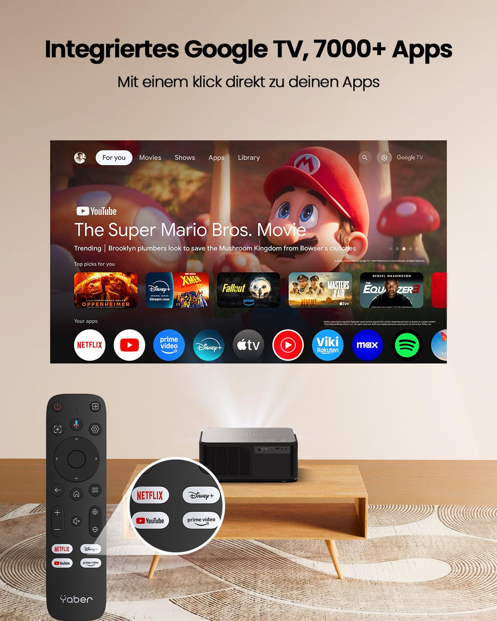 Beamer 4K mit Android TV 11.0, Sound by JBL, Dolby Audio, NFC, Autofokus, Auto Trapezkorrektur, WiFi6, Bluetooth, YABER K2s 1080P Full HD Beamer Heimkino Outdoor 300" Display Video Projektor