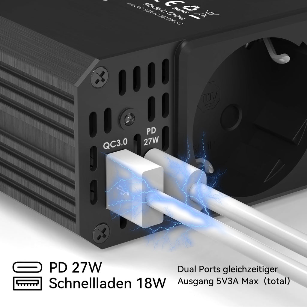 ALLWEI 300W Wechselrichter 12V auf 230V Spannungswandler, Stromwandler mit Typ-C & USB Anschluss, Inverter 12V 220V, Auto Steckdose für Auto, Laden von Handys, Laptops und Anderen Geräten (Schwarz)