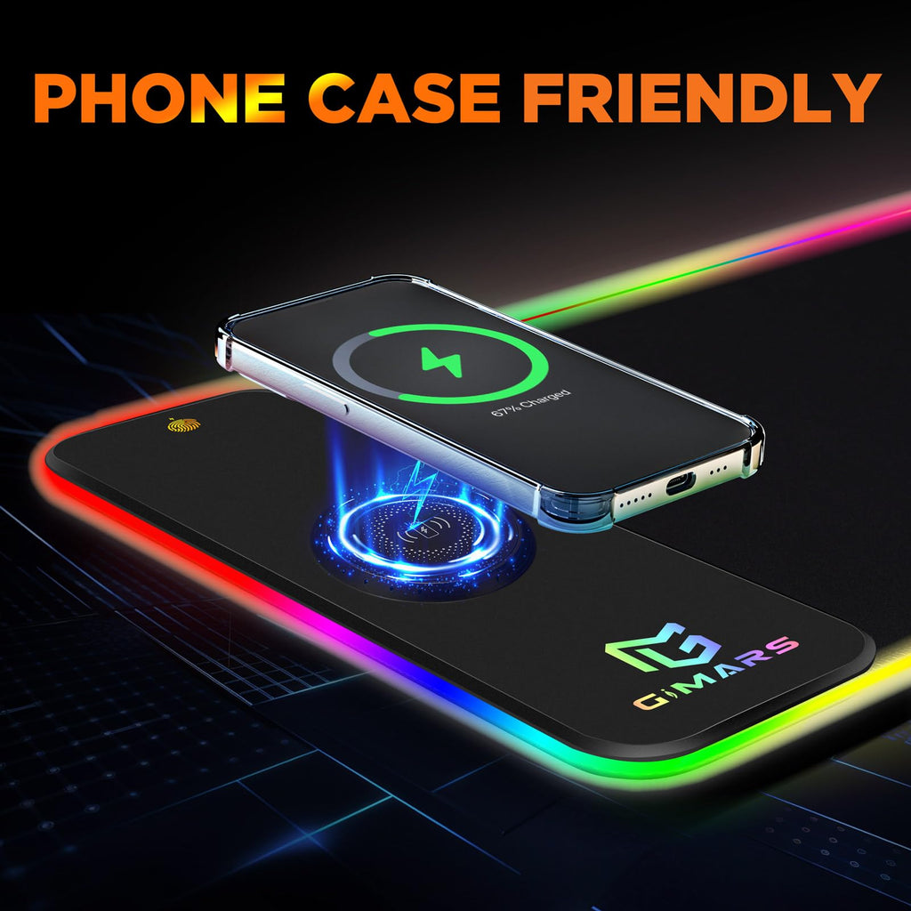 Gimars Upgrade Gaming Mauspad RGB, 15W Kabelloser Schnellladung, 800x300x5mm, Mousepad XXL mit 10 Farben LED-Licht, Groß LED Mouse Pad Gaming Zubehör mit Glatter Oberfläche, Rutschfester Gummifuß