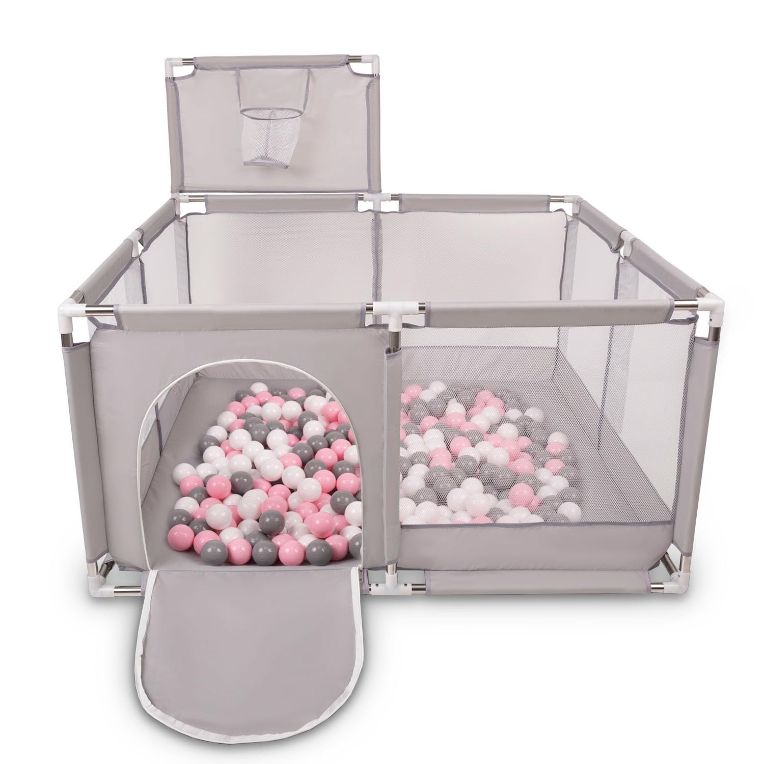 Selonis Laufstall Mit Korb Und 100 Bälle Laufgitter Für Kinder, Grau:Weiß/Grau/Puderrosa