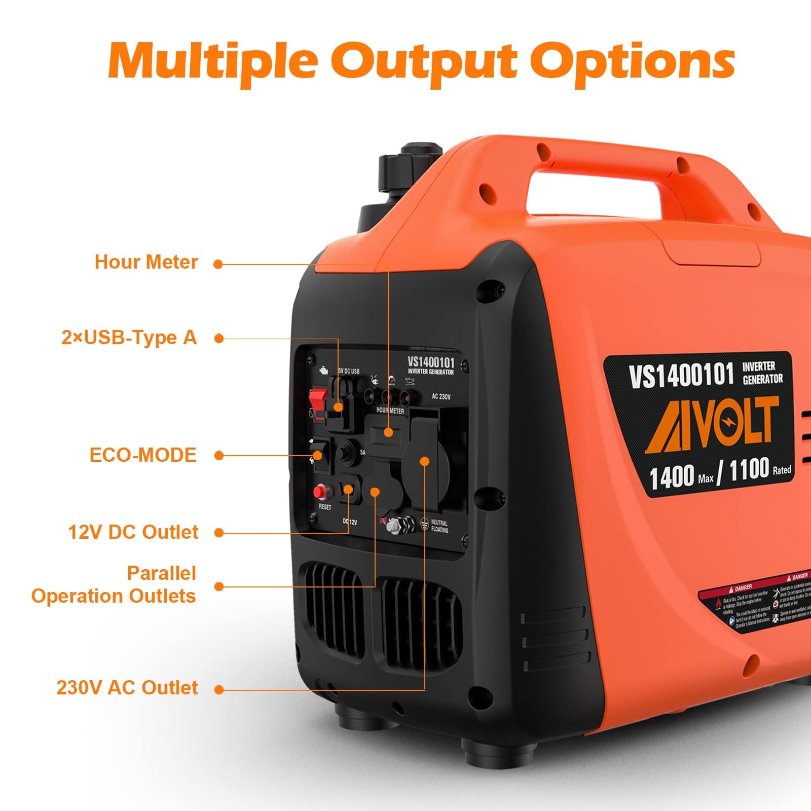 AIVOLT Inverter Stromerzeuger 1400 Watt Stromgenerator Notstromaggregat Benzin leise Stromaggregat für Campen, Festivals, und Hausgebrauch mit 2 USB, 12V DC Steckdosen und 230 V Steckdosen