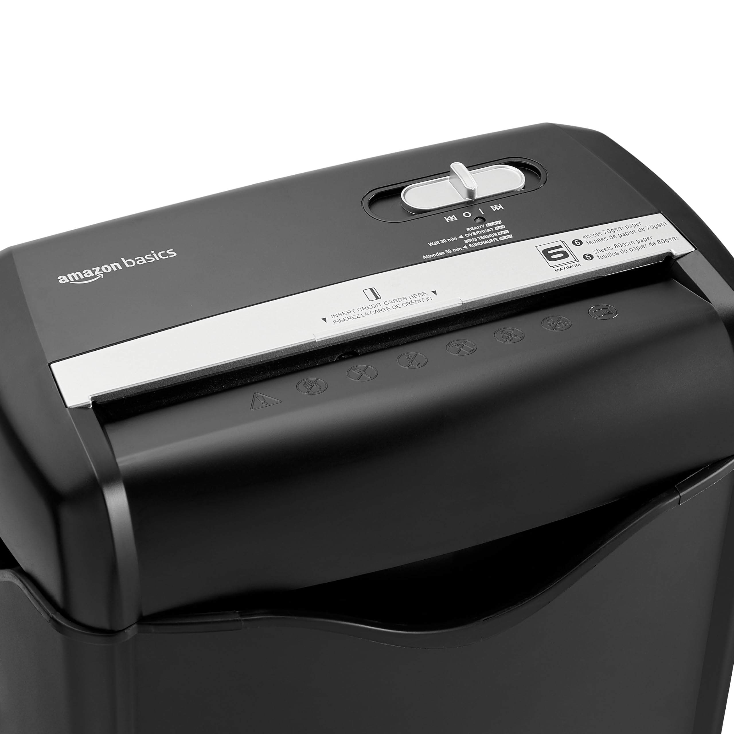 Amazon Basics Aktenvernichter, 5-6 Blätter Querschnitt, für Papier und Plastikkarten, Schwarz