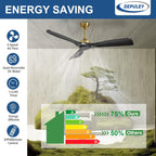 Depuley Groß Deckenventilator ohne Licht: 132CM Ventilator mit Fernbedienung und APP für Terrasse Garten - Leise Deckenventilator, Reversibler DC Timer für Schlafzimmer, Wohnzimmer, Schwarz und Gold