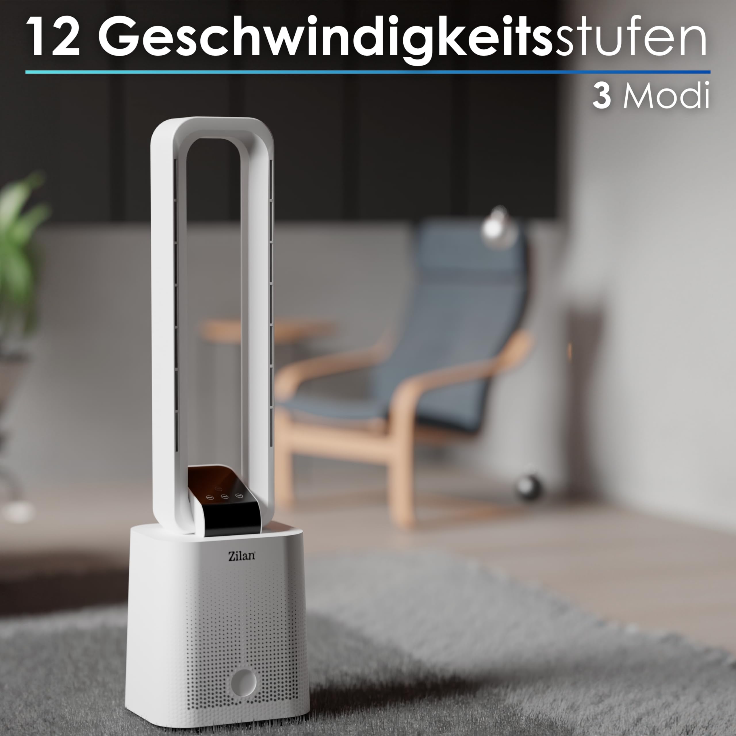 Zilan Turmventilator sehr leise mit Kühlung Standventilator mit Fernbedienung energiesparend oszillierend - Säulenventilator Aircooler Luftkühler Bodenventilator Tower Fan 12 Stufen