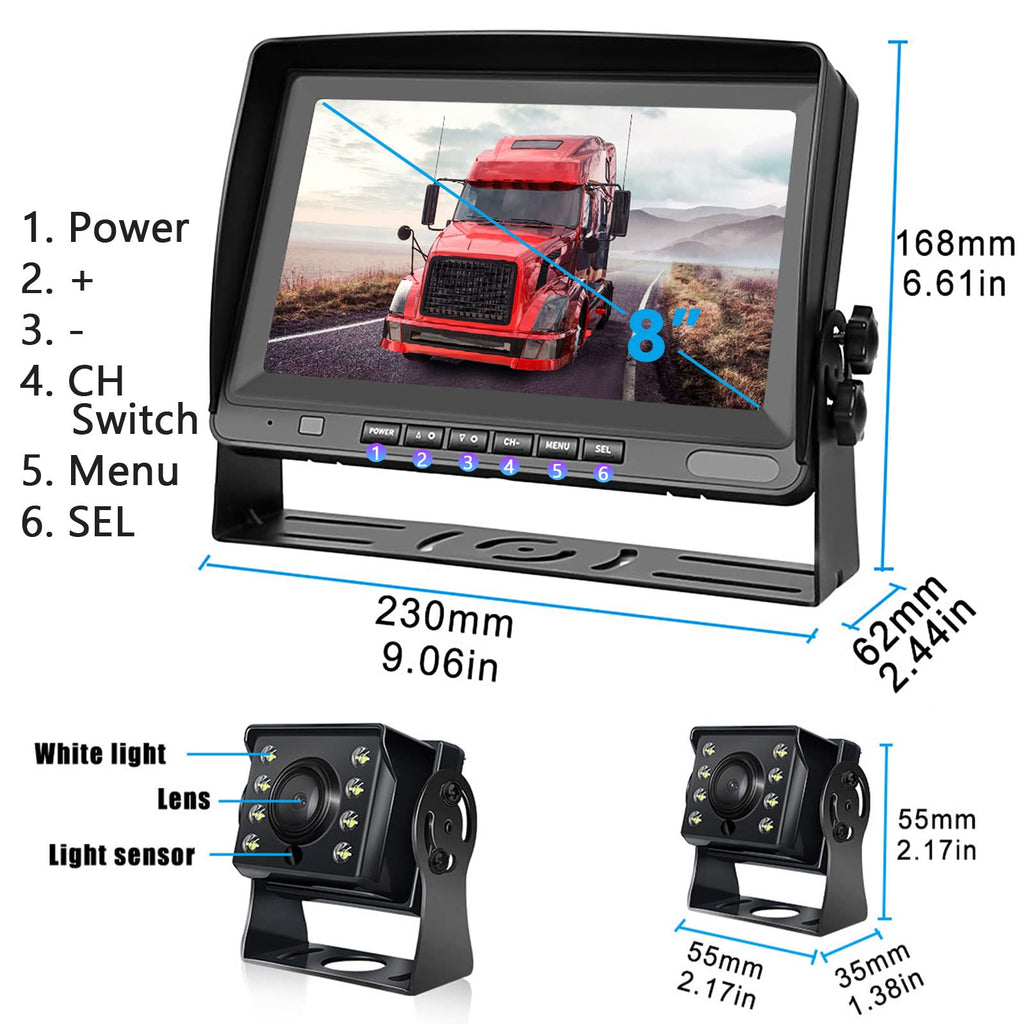 Hodozzy Rückfahrkamera Auto mit 8 Zoll LCD Monitor, AHD 1080P 2*Kameras IP69 Wasserdicht Super Nachtsicht, Rückfahrkamera Kabel 12V-24V für Wohnmobil/LKW/Anhänger/Bus/Vans, mit 15m+5m Kabel
