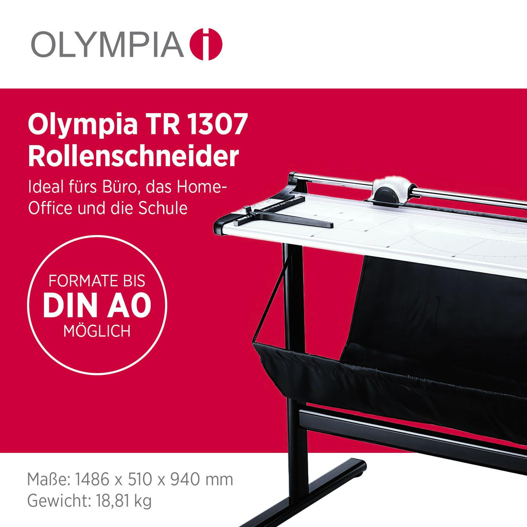 Olympia TR 1307 Rollenschneidegerät | Papierschneider Din A0 | 1300 mm Arbeitsbreite | Schneidemaschine Papier | bis zu 7 Blätter | Papierschneidemaschine mit Auffangbehälter & Untergestell | Silber