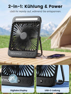 Warmco 20000mAh Akku Camping Ventilator 27cm mit Lampe, 15-48 Std. Laufzeit, Ultra-Leise, Ultraflach, Display, Haken, USB Tischventilator für Zelt, Outdoor, Reisen, Büro, Wohnmobil, Schlafzimmer