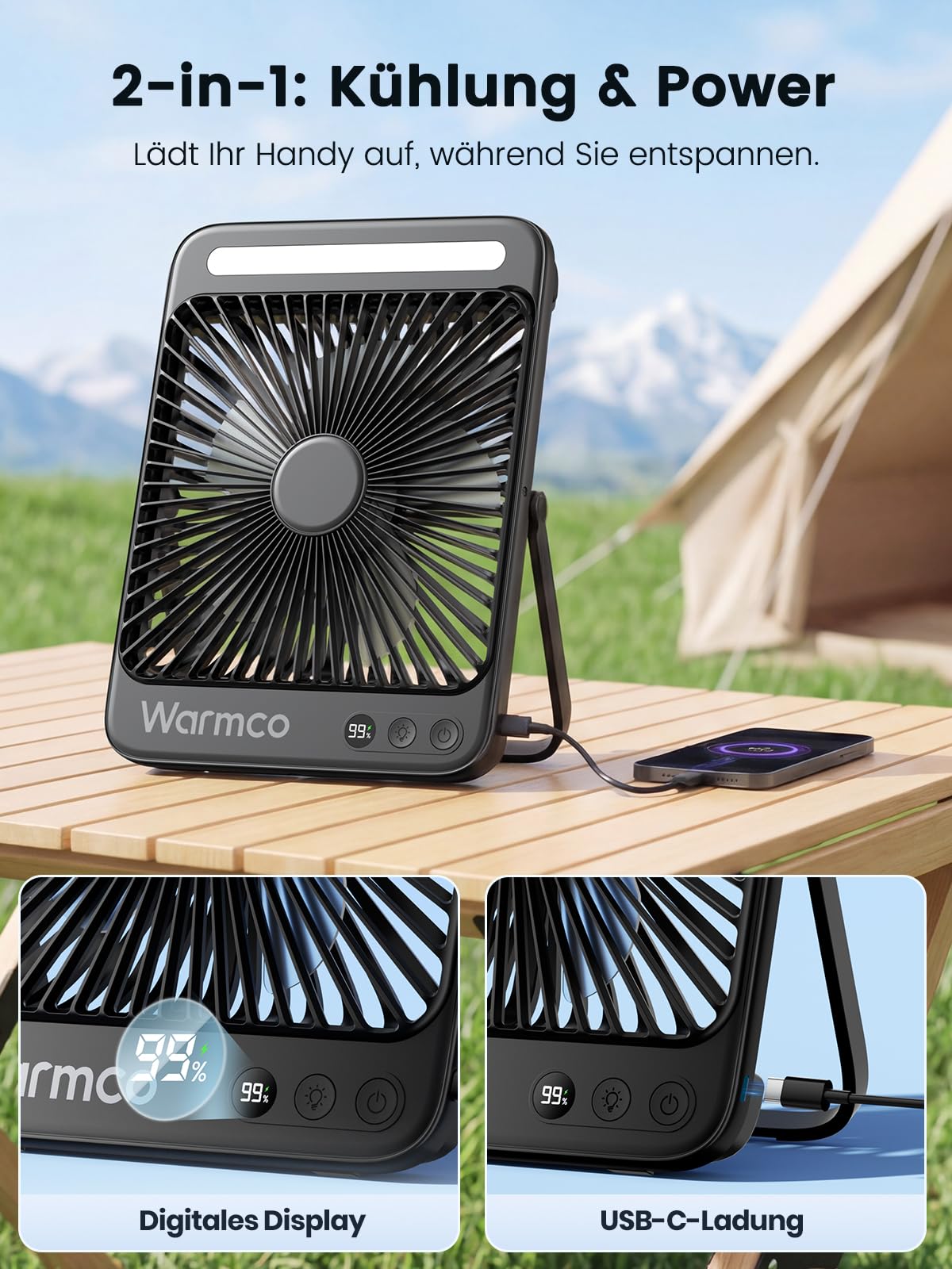 Warmco 20000mAh Akku Camping Ventilator 27cm mit Lampe, 15-48 Std. Laufzeit, Ultra-Leise, Ultraflach, Display, Haken, USB Tischventilator für Zelt, Outdoor, Reisen, Büro, Wohnmobil, Schlafzimmer