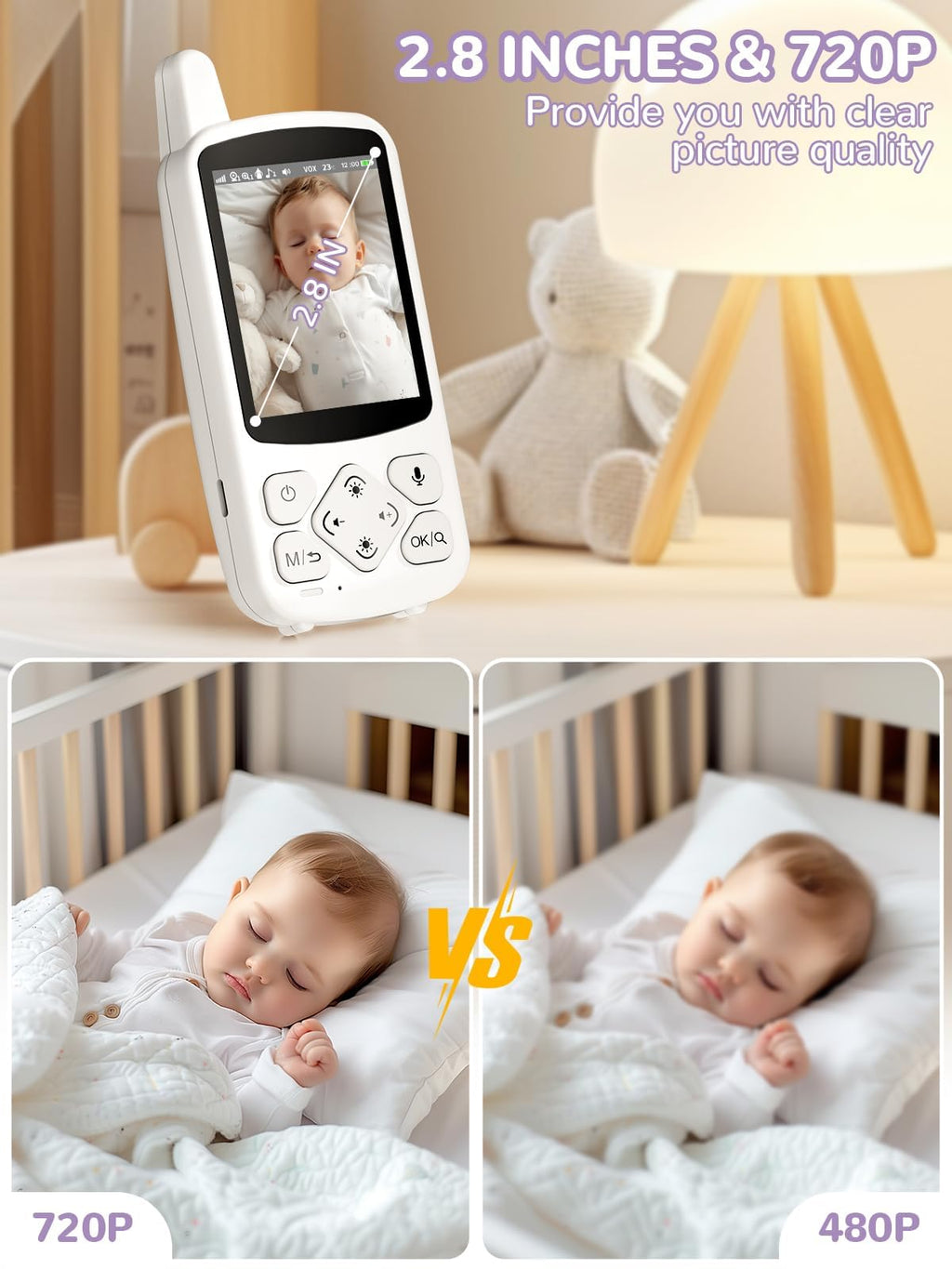 VSIFEHSO Babyphone mit Kamera 2,8 Zoll Baby Monitor 720p Baby Phone Digitalzoom Zwei-Wege-Audio VOX-Modus Nachtsicht Temperaturüberwachung Schlaflied Wecker
