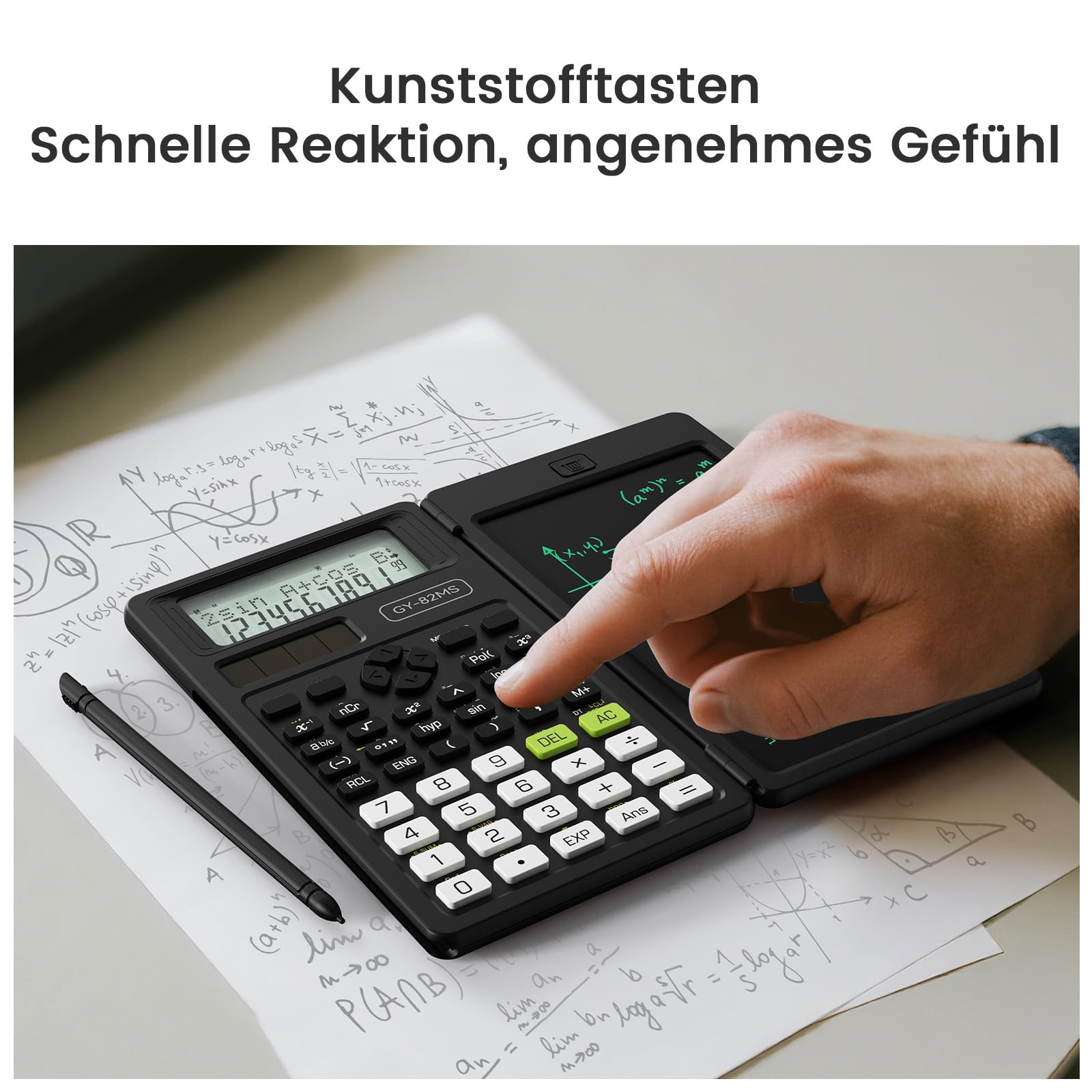 NEWYES Wissenschaftlicher Taschenrechner, 82MS Ingenieurrechner mit Schreibtablett und Stift, 240 Funktionen, 2-zeiliges Display, Mittel- und Oberschulbedarf, Schwarz