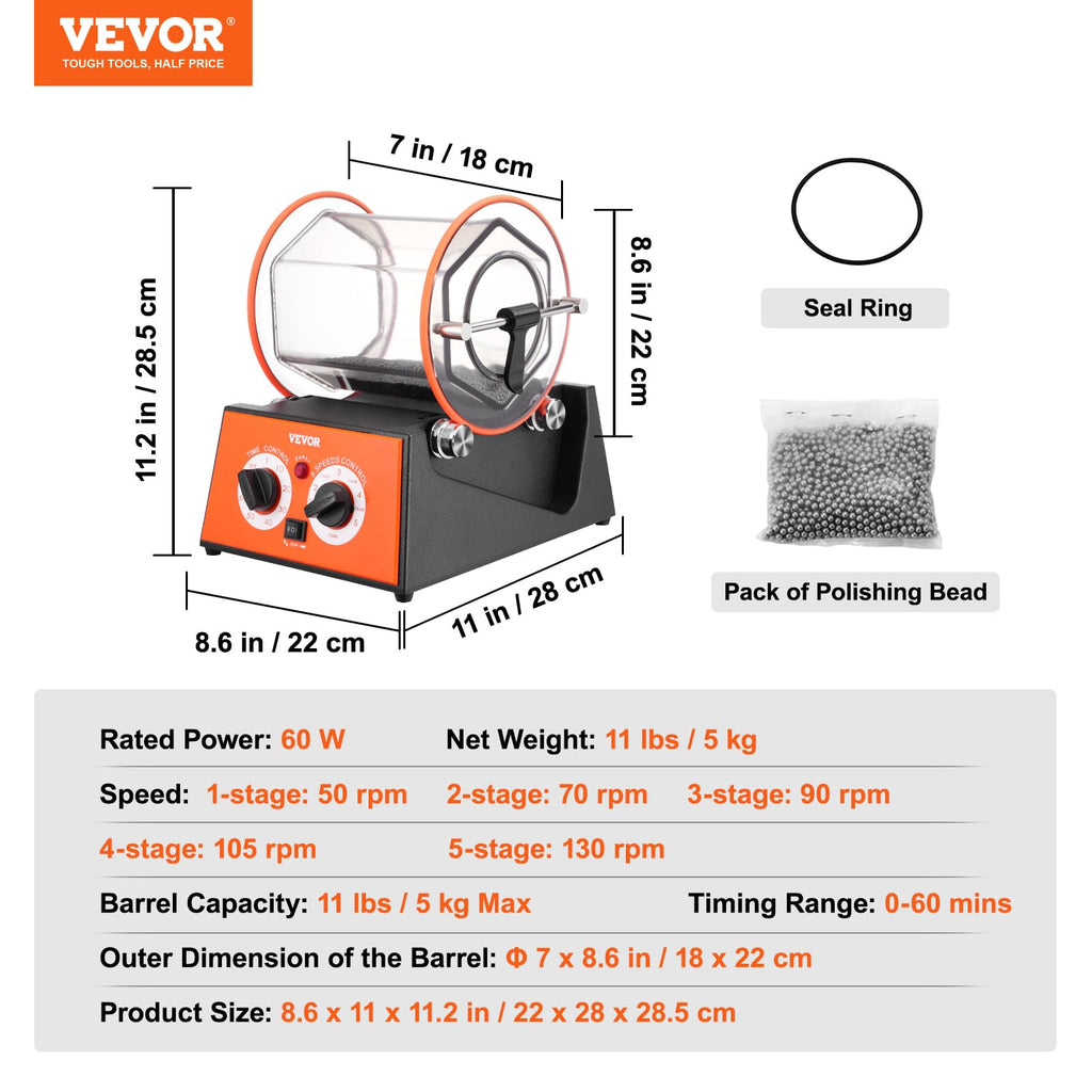 VEVOR Poliertrommel Schmuck-Poliermaschine 5 kg, Rotary Tumbler Oberflächenpolierer 60 W, Schmuck Polieren Dreh-Tumbler Einstellbare Zeit & Drehzahl Polierer Kugelmühle, für Gold, Silber usw.
