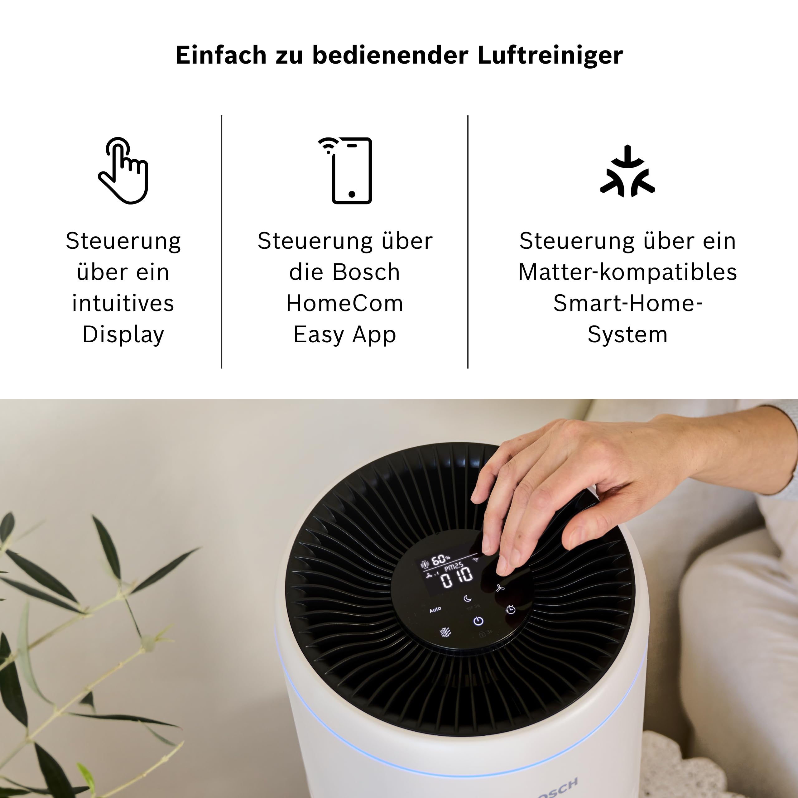 Bosch Air 2000i App-gesteuerter Luftreiniger - Für Räume bis zu 37,5 m² - Entfernt Schadstoffe - Mit 3-in-1 Luftfilter, Smart Sensor, Automatikmodus, Ruhemodus (< 25 dB(A)) - CADR: 180 m³/h