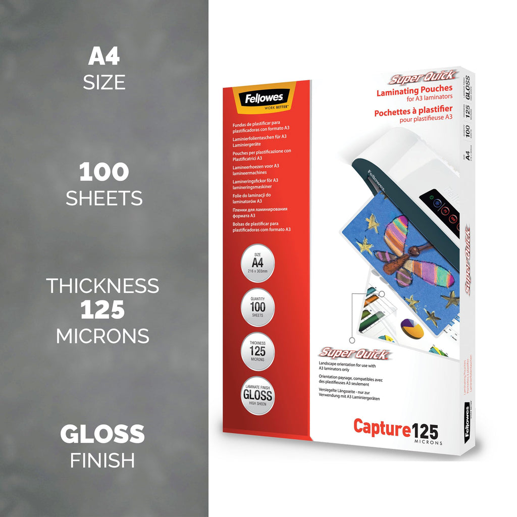 Fellowes Laminierfolie A4 SuperQuick, 125 Mikron (2 x 125mic), 100 Stück, Längsseite versiegelt, für A3 Laminiergeräte