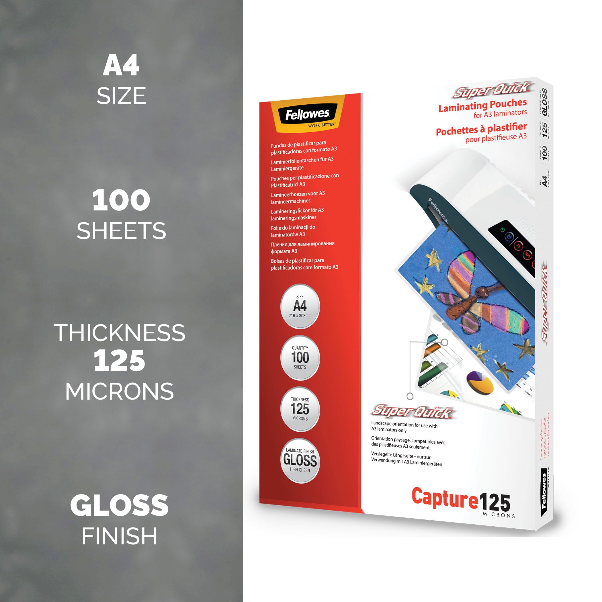 Fellowes Laminierfolie A4 SuperQuick, 125 Mikron (2 x 125mic), 100 Stück, Längsseite versiegelt, für A3 Laminiergeräte