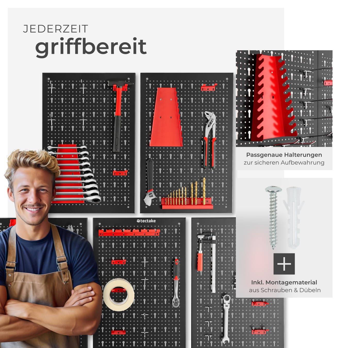 tectake® Werkzeug Lochwand aus Metall, 200 x 60 x 2 cm, Werkzeugwand Lochplatte, inkl. Werkzeughalter Set Haken und Halterungen, Wandregal Regalsystem für Werkbank, Garage, Werkstatteinrichtung - 5tlg