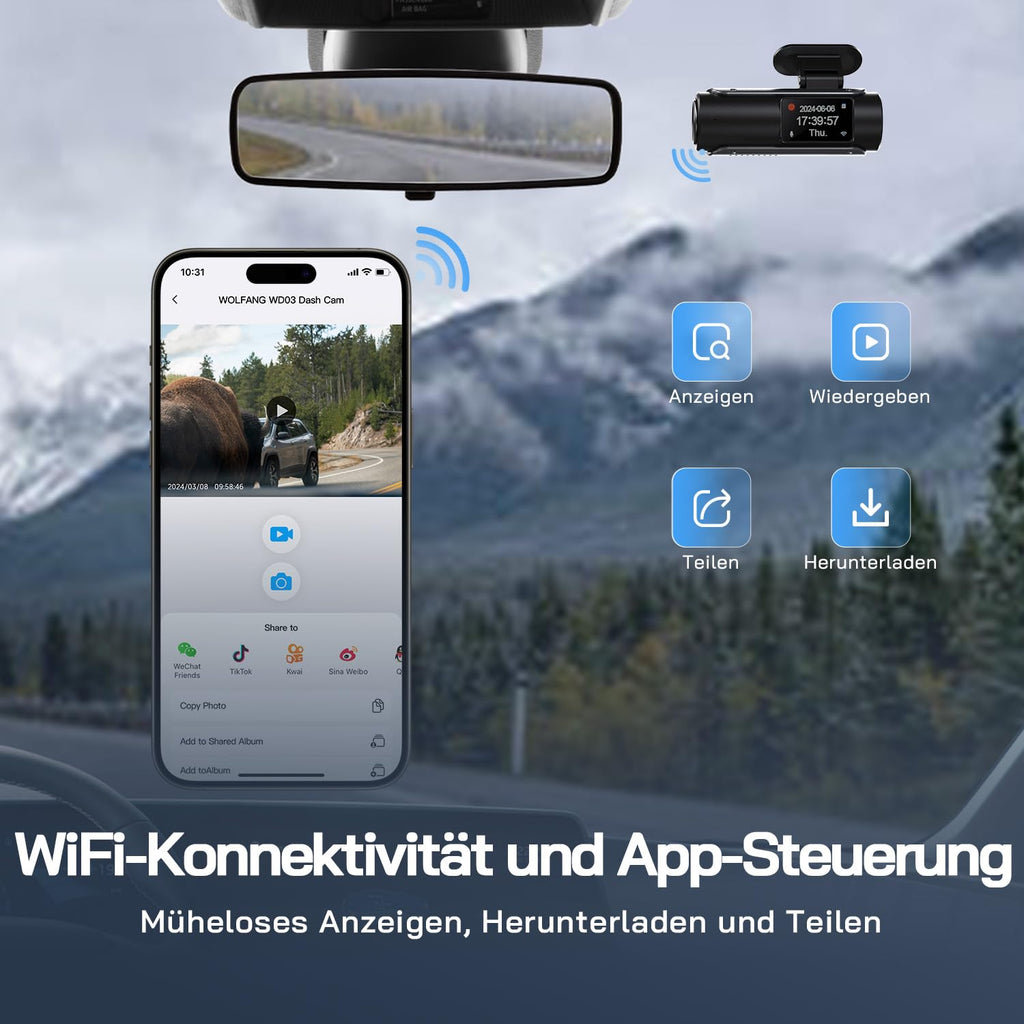 WOLFANG Dashcam Auto Vorne Hinten 4K WiFi Dash Cam mit 32GB SD Karte, Ultra Nachtsicht, 170°Weitwinkel, WDR, 24 Std. Parkmodus, G-Sensor, Loop-Aufnahme