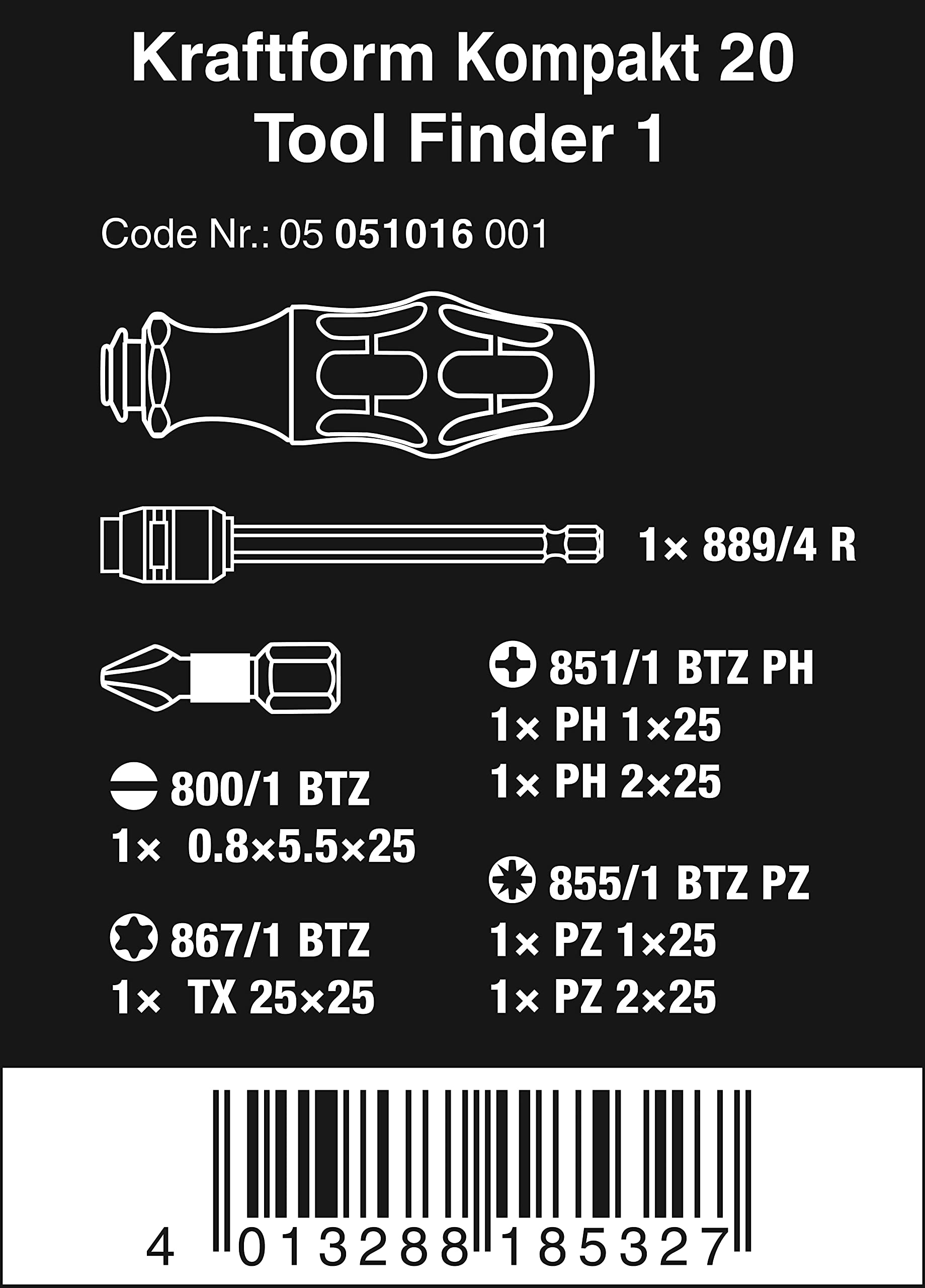 Wera 05051016001 Kraftform Kompakt 20 Tool Finder 1, mit Tasche, 7-teilig, Schwarz Grün, One size