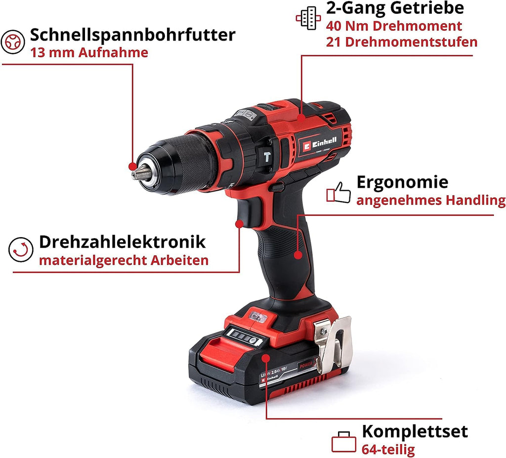 Einhell Akku Schlagbohrschrauber-Set TE-CD 18/40 Li-i plus 64 Power X-Change (Li-Ion, Drehzahl-Elektronik, 2-Gang-Getriebe, Max. 24.000 Min-1, Ladegerät und Zubehör), Schwarz, Rot, 18 V, 40 Nm