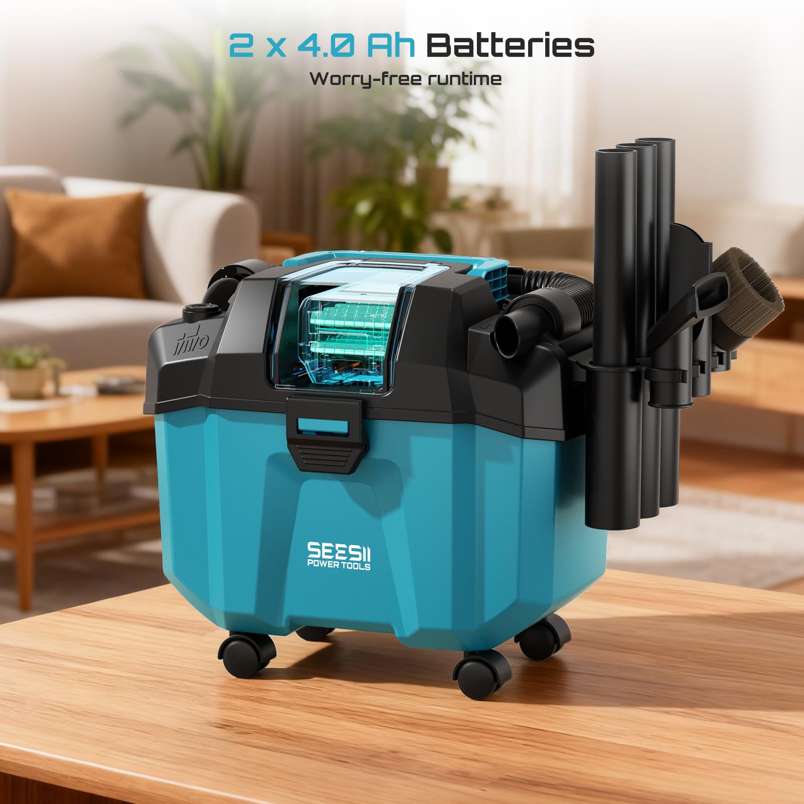 SEESII Akku Nass und Trockensauger, 3-in-1 Werkstattsauger mit Gebläse 2x4000mAh Batterien, 10L Nass Trockensauger Mini, Schultergurt, 4 Rädern und Aufsätzen, Ideal für Werkstatt/Auto/Baustelle (Blue)