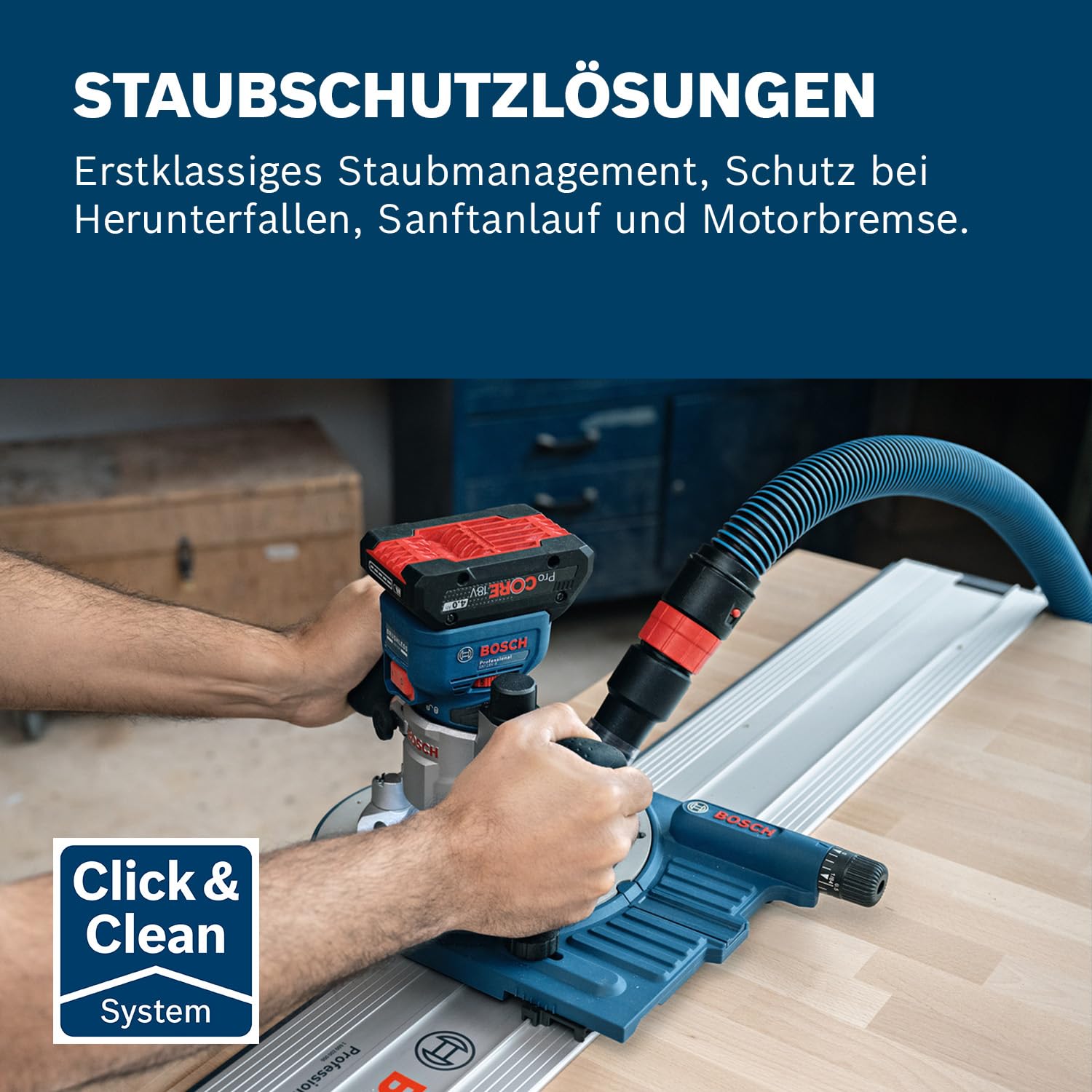 Bosch Professional 18V System Akku-Kantenfräse GKF 18V-8 (inkl. Parallelanschlag, 2x Saugadapter zum Fräsen, Spanschutz, 8-mm-Spannzange, Spannschlüssel, ohne Akku/Ladegerät)