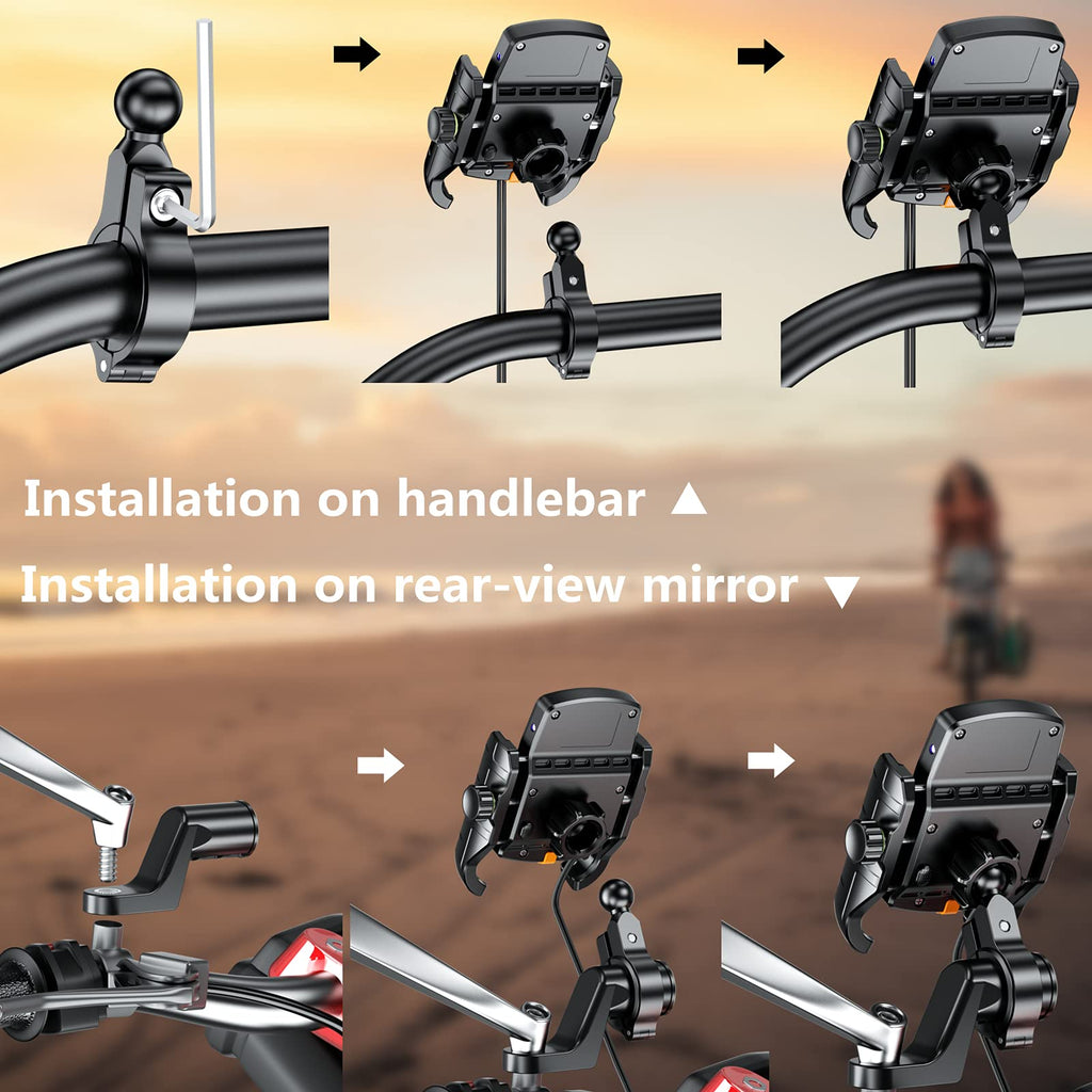 BRCOVAN Motorrad Handyhalterung mit Qi 15W kabellosem Ladegerät und USB-C 20W Ladeanschluss, 360 Drehung Outdoor Lenker Handy Halterung für 4-8 Zoll Smartphones