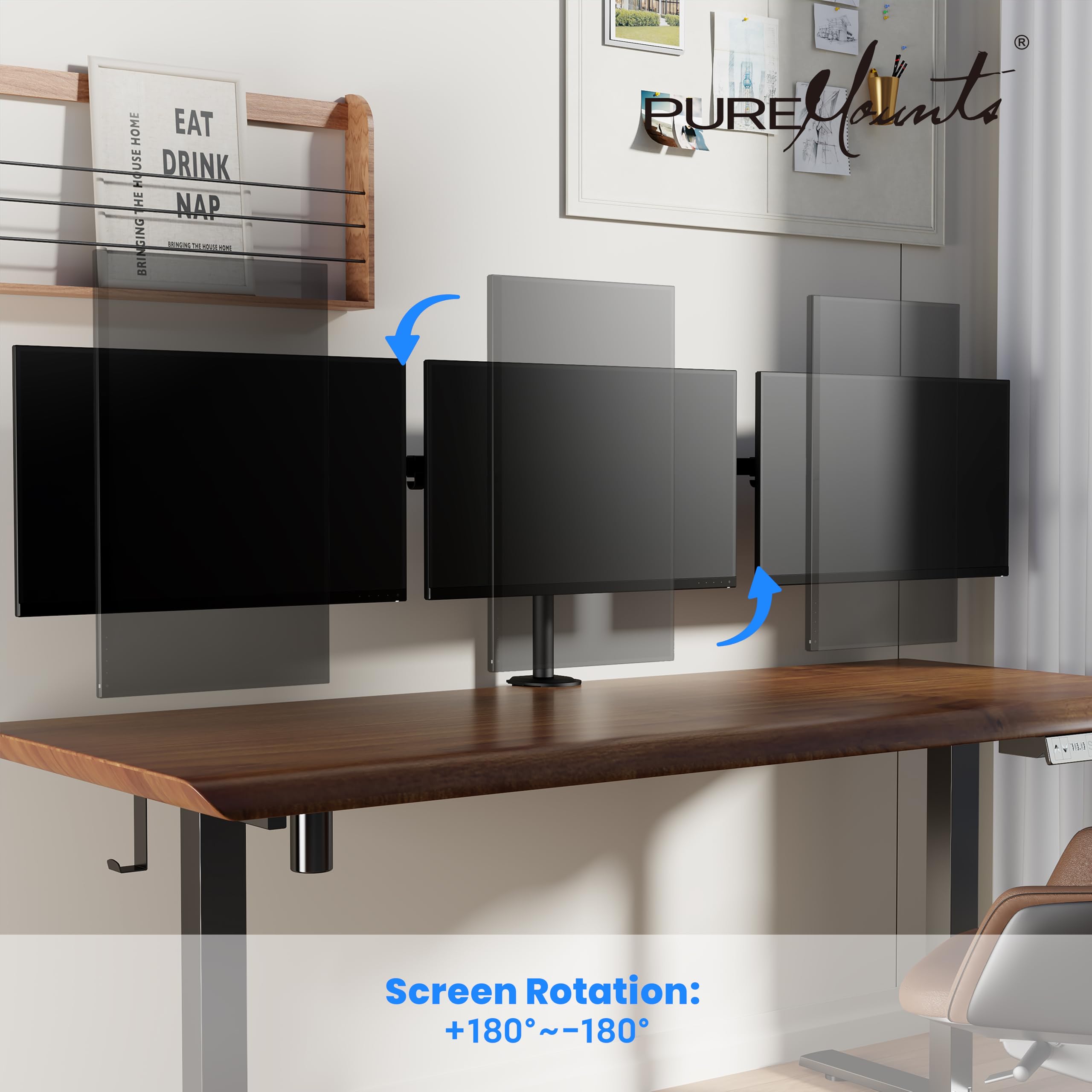 PureMounts Monitor Halterung, Monitorhalterung für 3 Bildschirme, 17 bis 27 Zoll, höhenverstellbar neigbar schwenkbar, VESA 75 und 100, Tischhalterung, Bildschirmhalter Triple, Schwarz