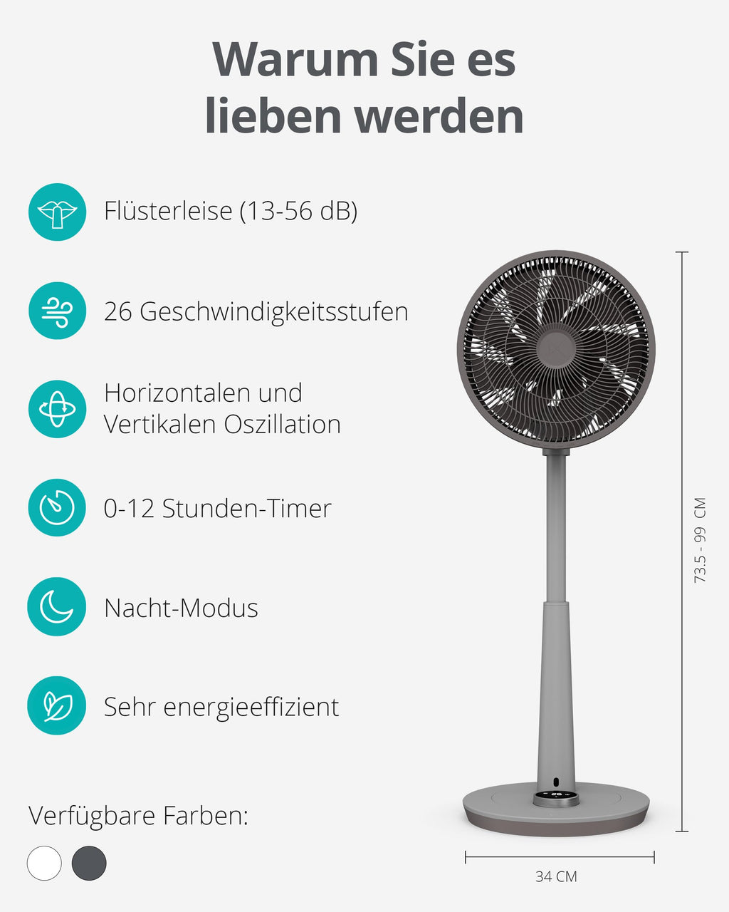 Duux Whisper 2 Standventilator Leise - Sparsamer DC-Motor mit 26 Geschwindigkeiten - Ventilator Höhenverstellbar (73-95cm) - Horizontale + Vertikale Oszillation - Grau