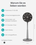 Duux Whisper 2 Standventilator Leise - Sparsamer DC-Motor mit 26 Geschwindigkeiten - Ventilator Höhenverstellbar (73-95cm) - Horizontale + Vertikale Oszillation - Grau