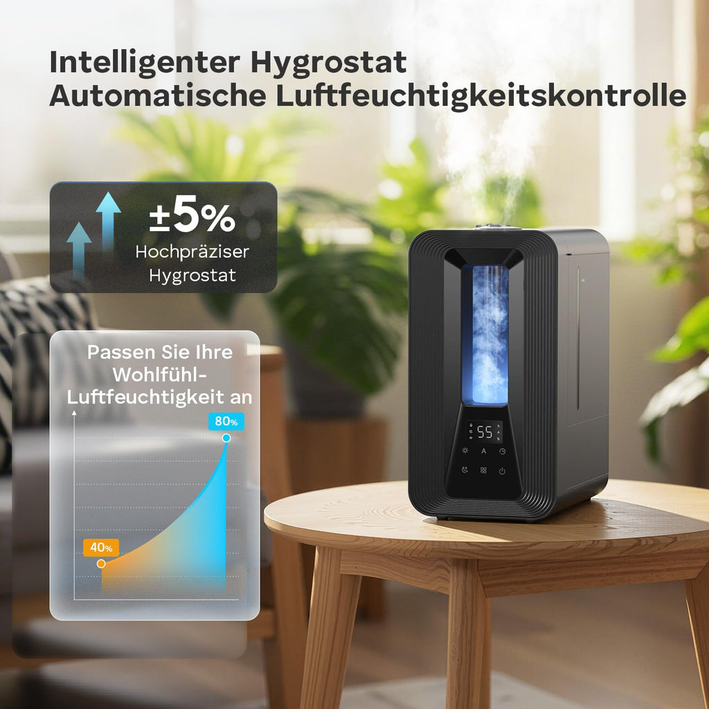 AROEVE 5L Top Fill Luftbefeuchter Schlafzimmer, Ultraschall Kühle Nebel Humidifier mit Aroma Diffuser, Smart Hygrostat, Nachtlicht, 50H/25dB Leise Raumluftbefeuchter für Pflanzen Baby Kinderzimmer