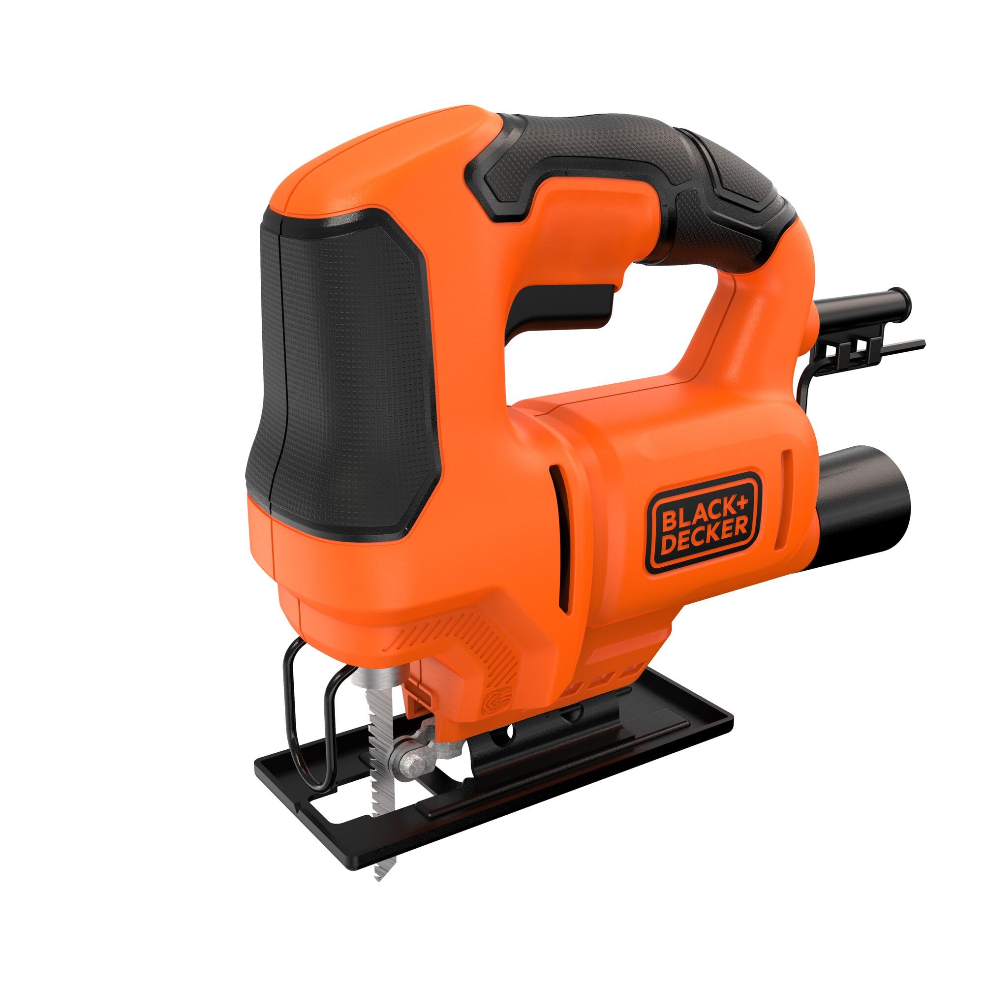 BLACK+DECKER 400W Stichsäge (kompakt und schlank, mit verstellbarem Sägeschuh, Gebläse und Feststellschalter, optimal für solide Gerad-, Kurven- und Gehrungsschnitte, inkl. Holzsägeblatt) BES602