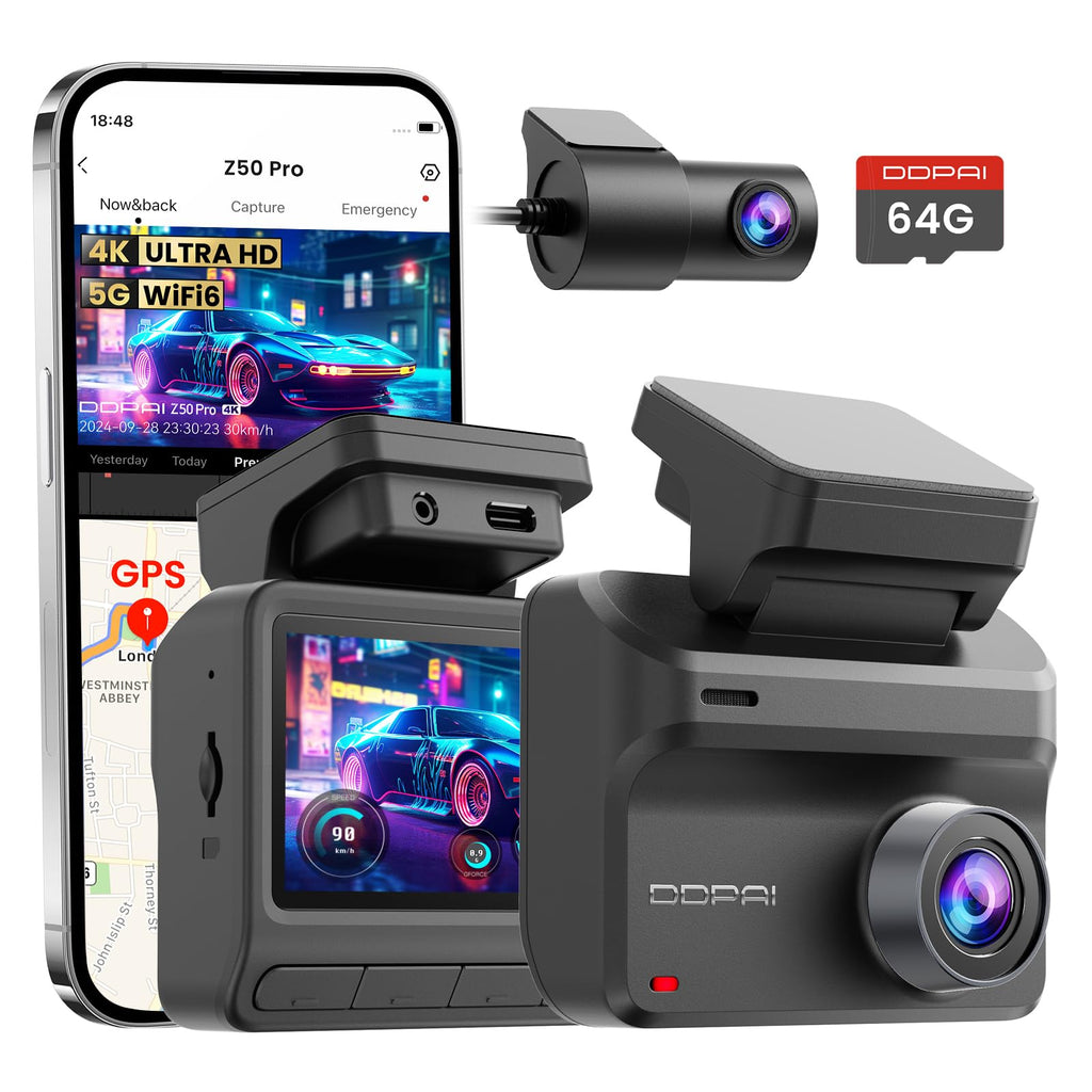 DDPAI Z50 Pro Dashcam Auto Vorne Hinten 4K+1080P, Echtes 4K AI-ISP Nachtsicht Dash Cam, Autokamera mit 64GB Karte, 4G LTE Support, 5GHz WiFi 6 GPS, 48H Parküberwachung, 3" IPS-Display, G-Sensor, ADAS