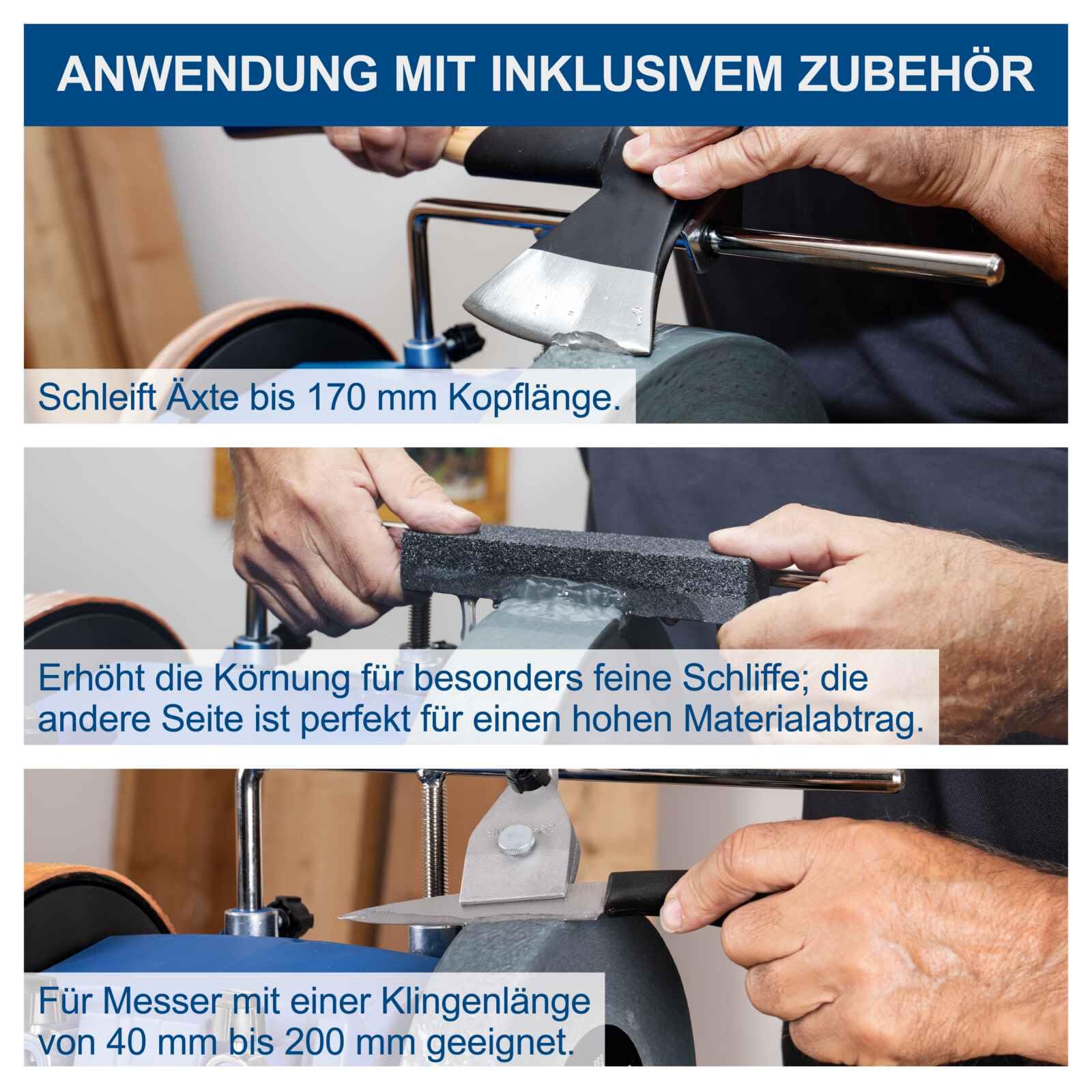 Scheppach Nass-Schleifsystem Tiger 7000s inkl. Homekit | Schleifmaschine 200W Induktionsmotor Schleifstein 250 x 50 mm 220k | Vorrichtung 40/60/70 | Abziehpaste | Steinpräparierer | Winkellehre